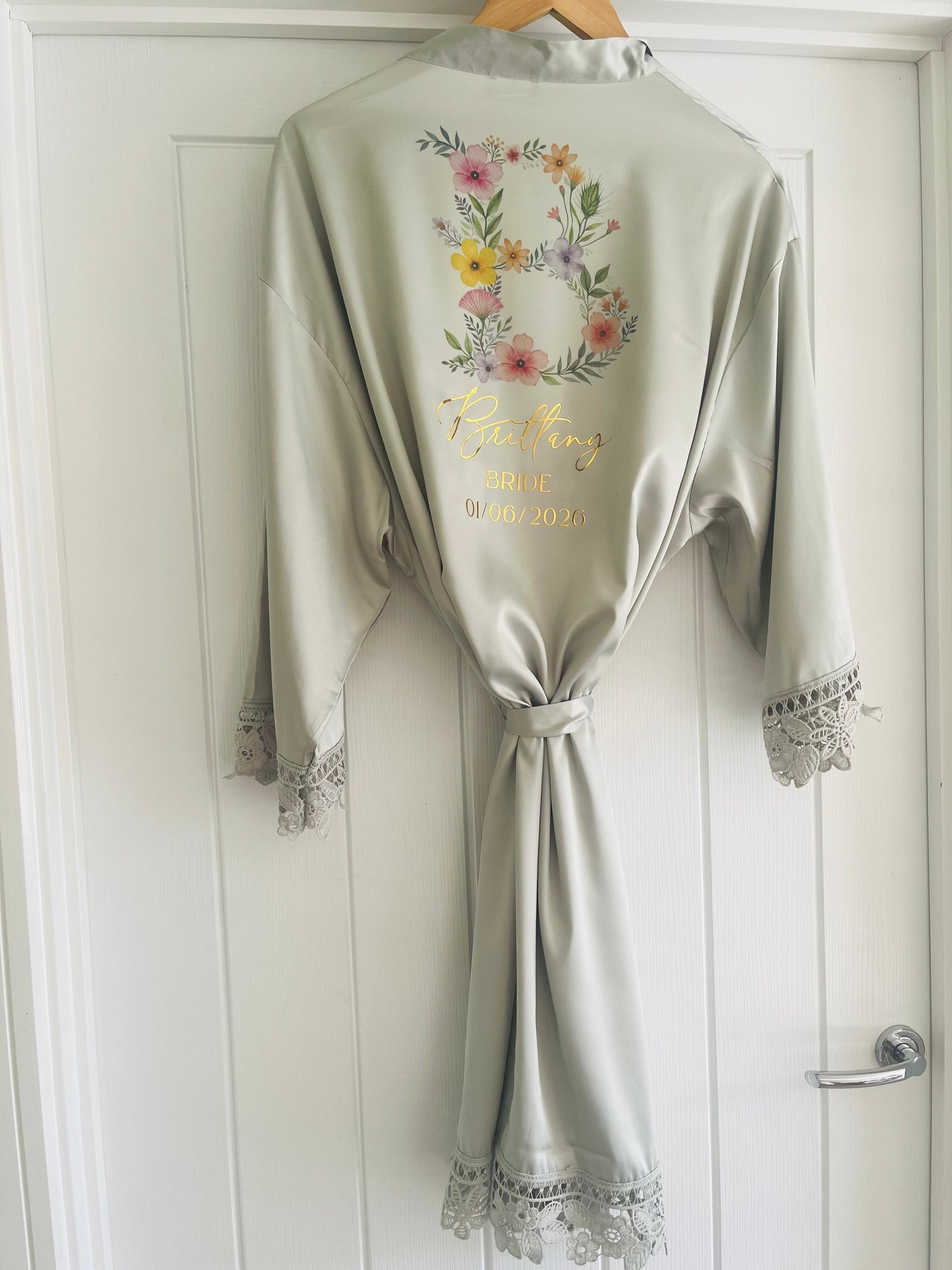 Personalised Satin Lace Trim Bridesmaid Robe - Wildflowers Initial Design