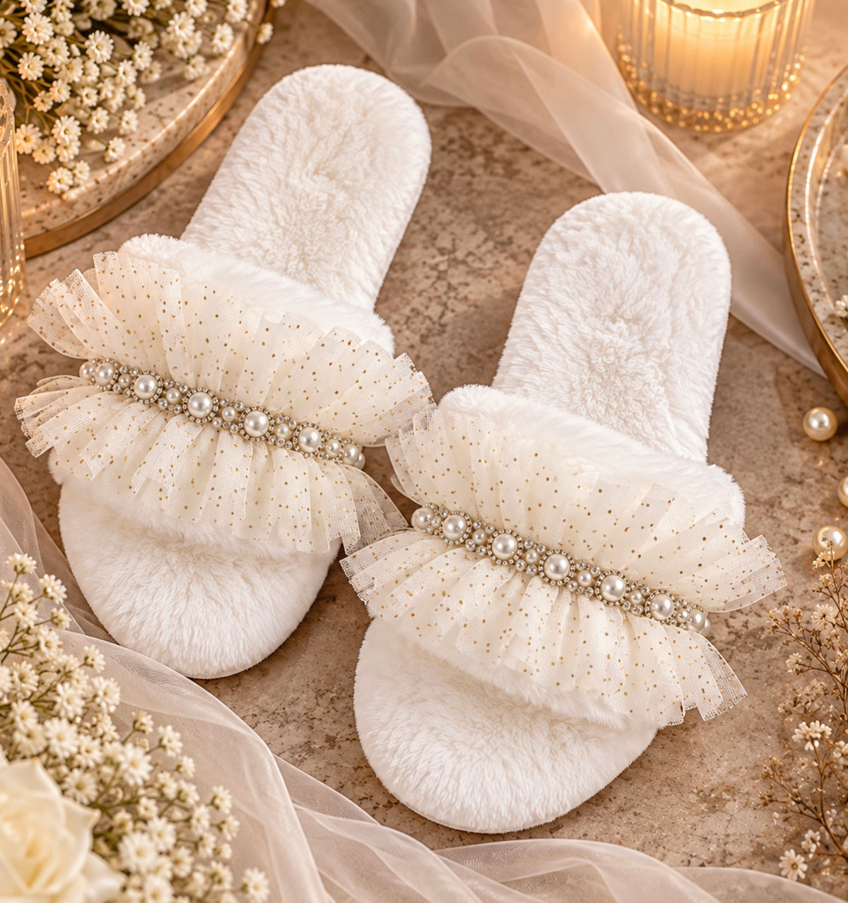 Pearl Embellished Tulle Bride Slippers