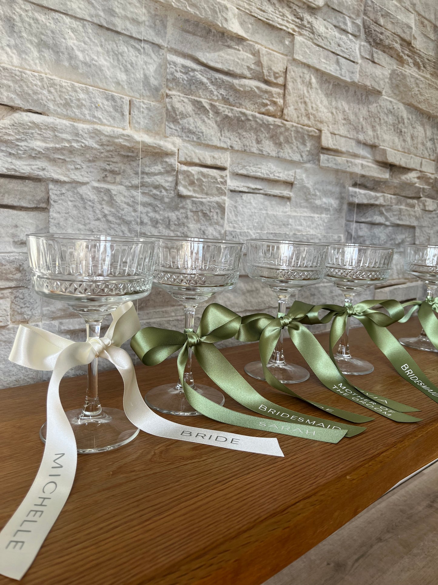 Sage Bridesmaid Personalised Ribbon for Champagne coupe Glass