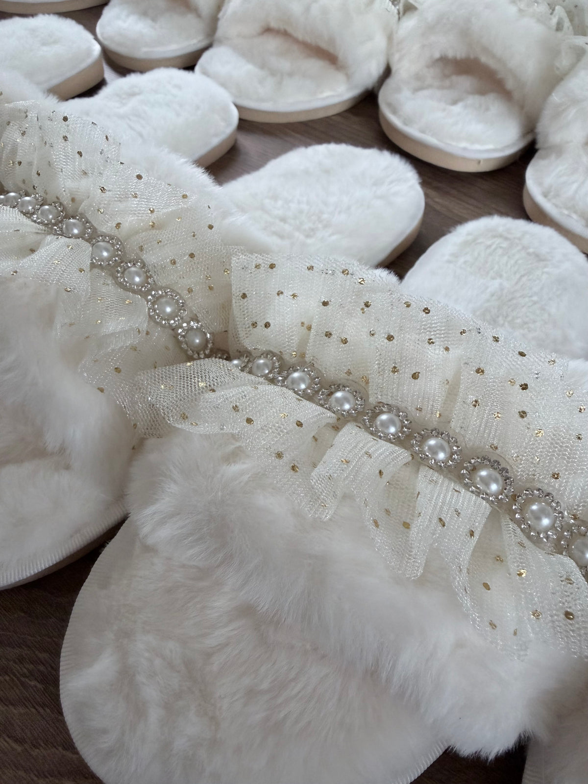 Pearl Embellished Tulle Bride Slippers