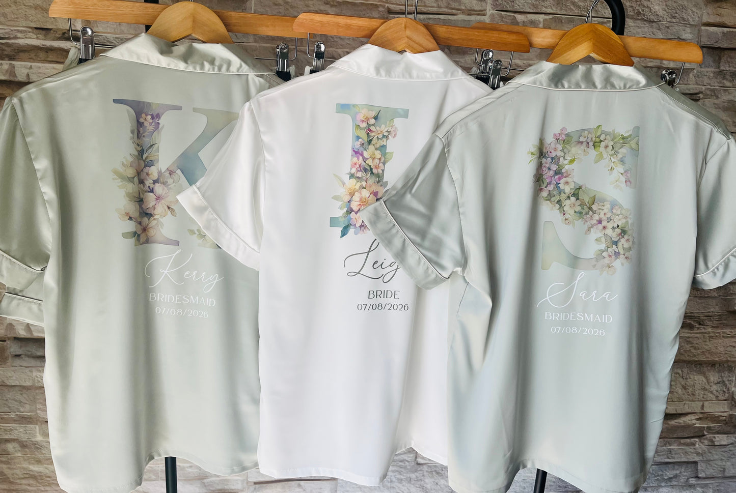 Personalised Satin Bridesmaid Pjs - Pastel Initial Design - Adults