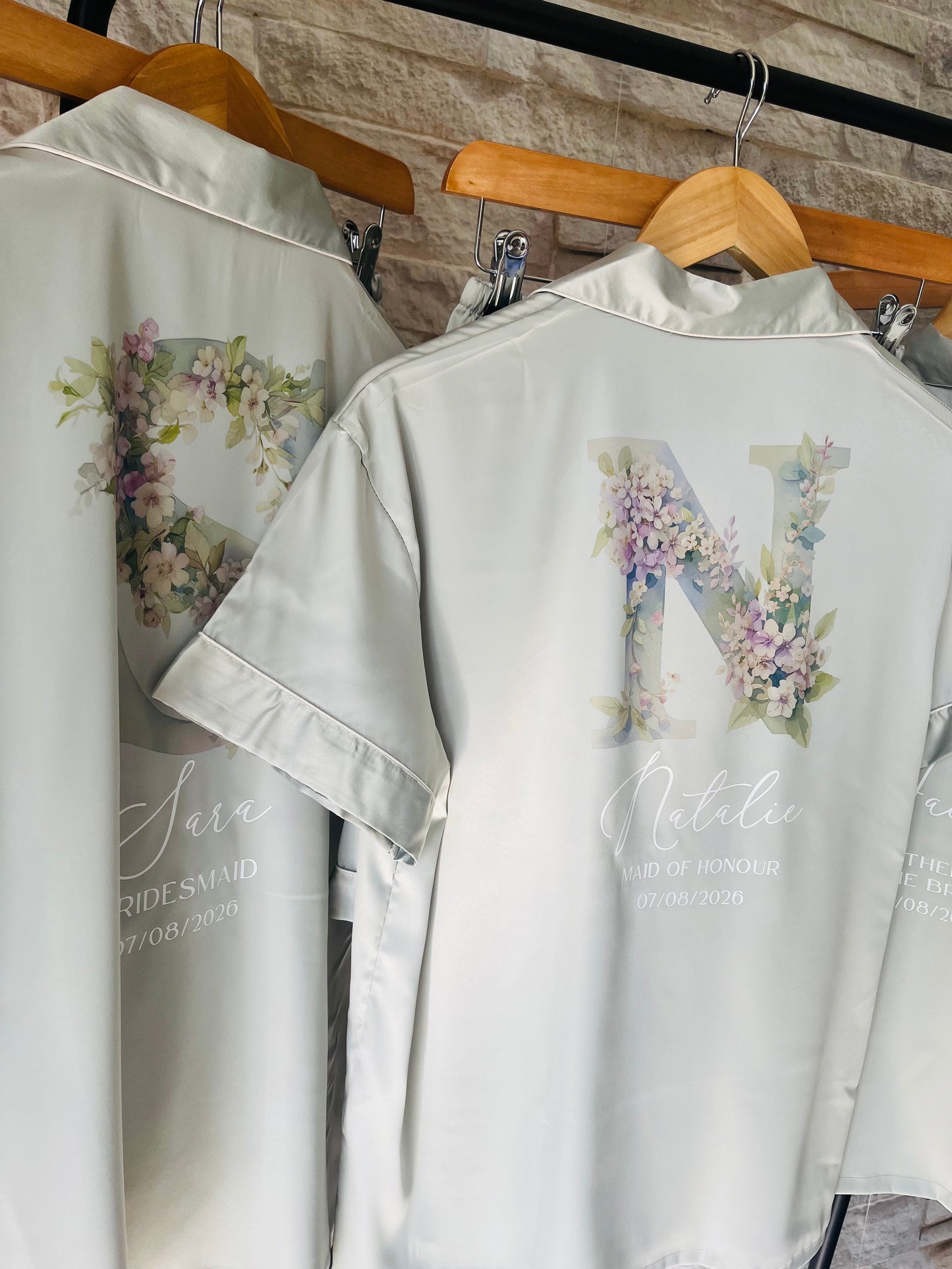 Personalised Satin Bridesmaid Pjs - Pastel Initial Design - Adults