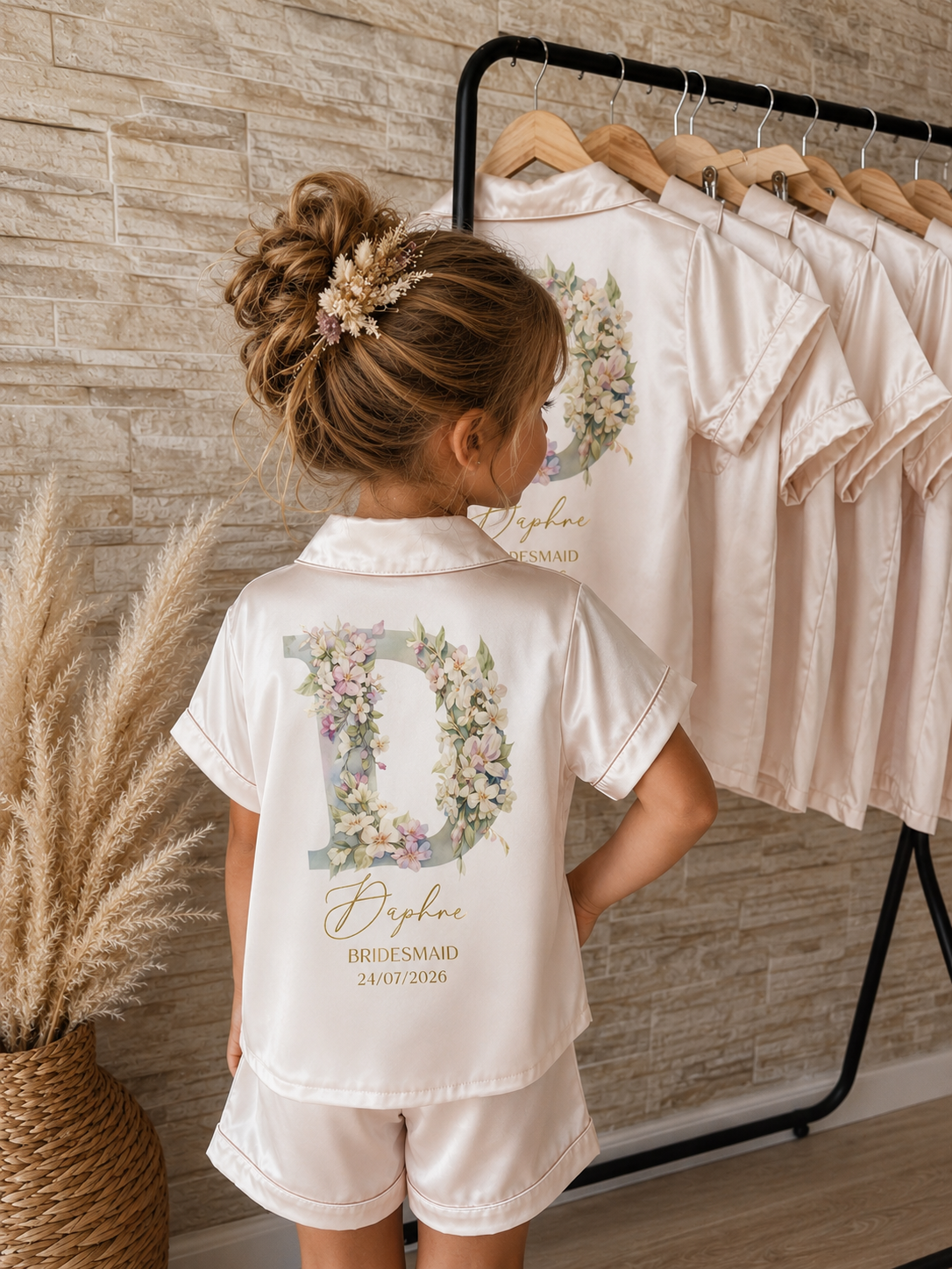 Personalised Satin Flower Girl Pjs - Pastel Initial Design - Child