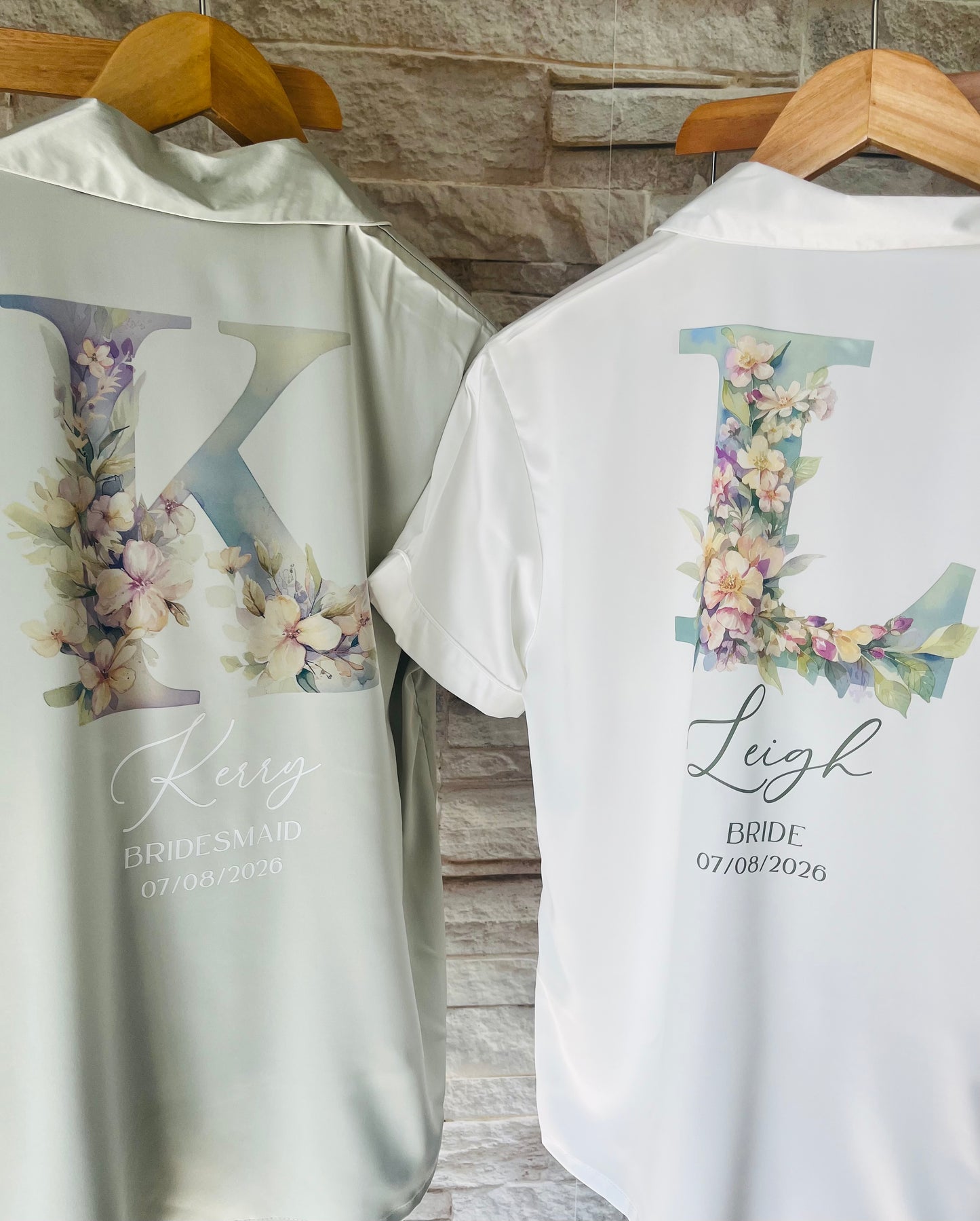 Personalised Satin Bridesmaid Pjs - Pastel Initial Design - Adults