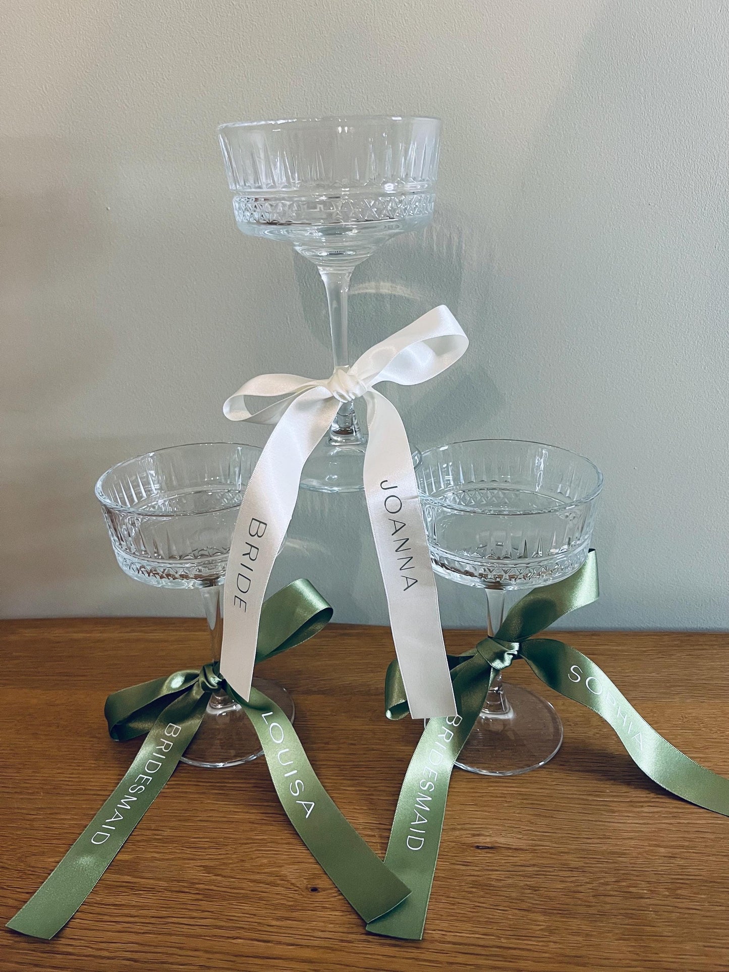 Sage Bridesmaid Personalised Ribbon for Champagne coupe Glass