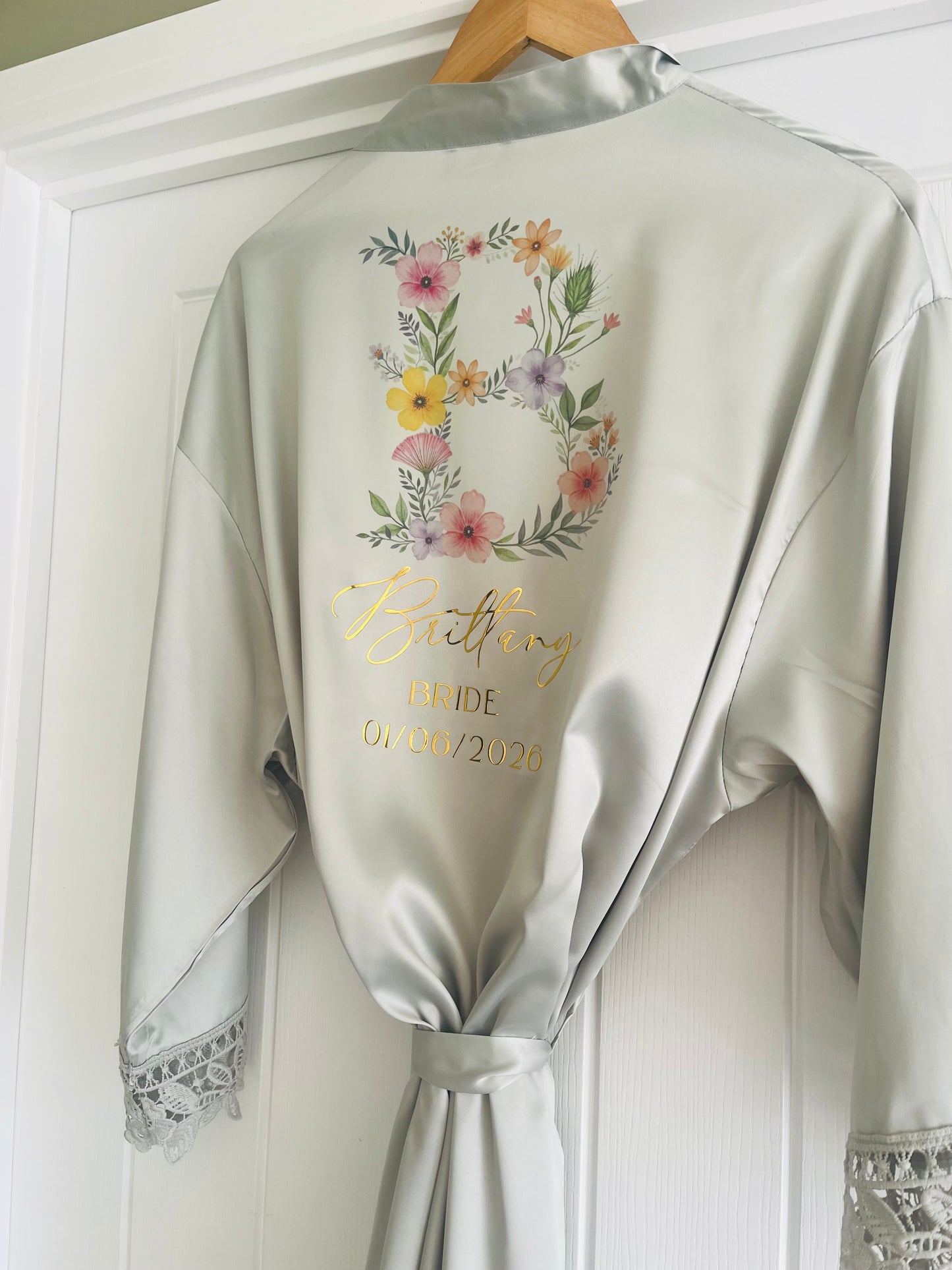 Personalised Satin Lace Trim Bridesmaid Robe - Wildflowers Initial Design