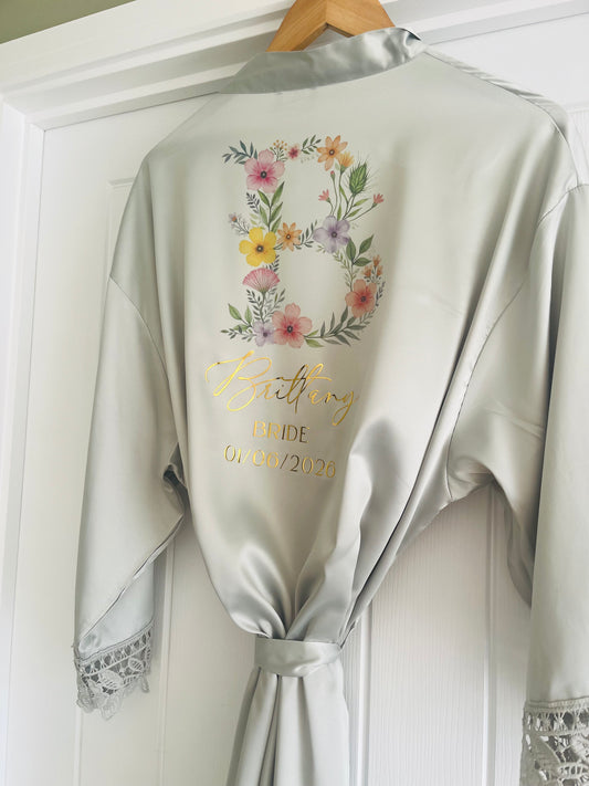Personalised Satin Lace Trim Bridesmaid Robe - Wildflowers Initial Design
