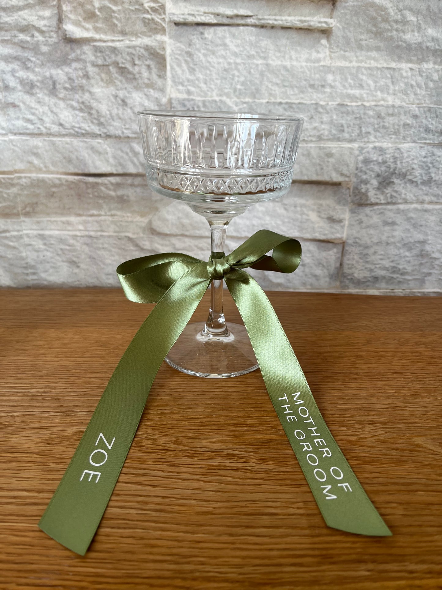 Sage Bridesmaid Personalised Ribbon for Champagne coupe Glass