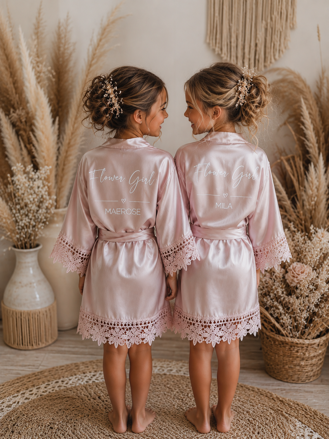 Lace Trim Bridesmaid Satin Robe - Text Design