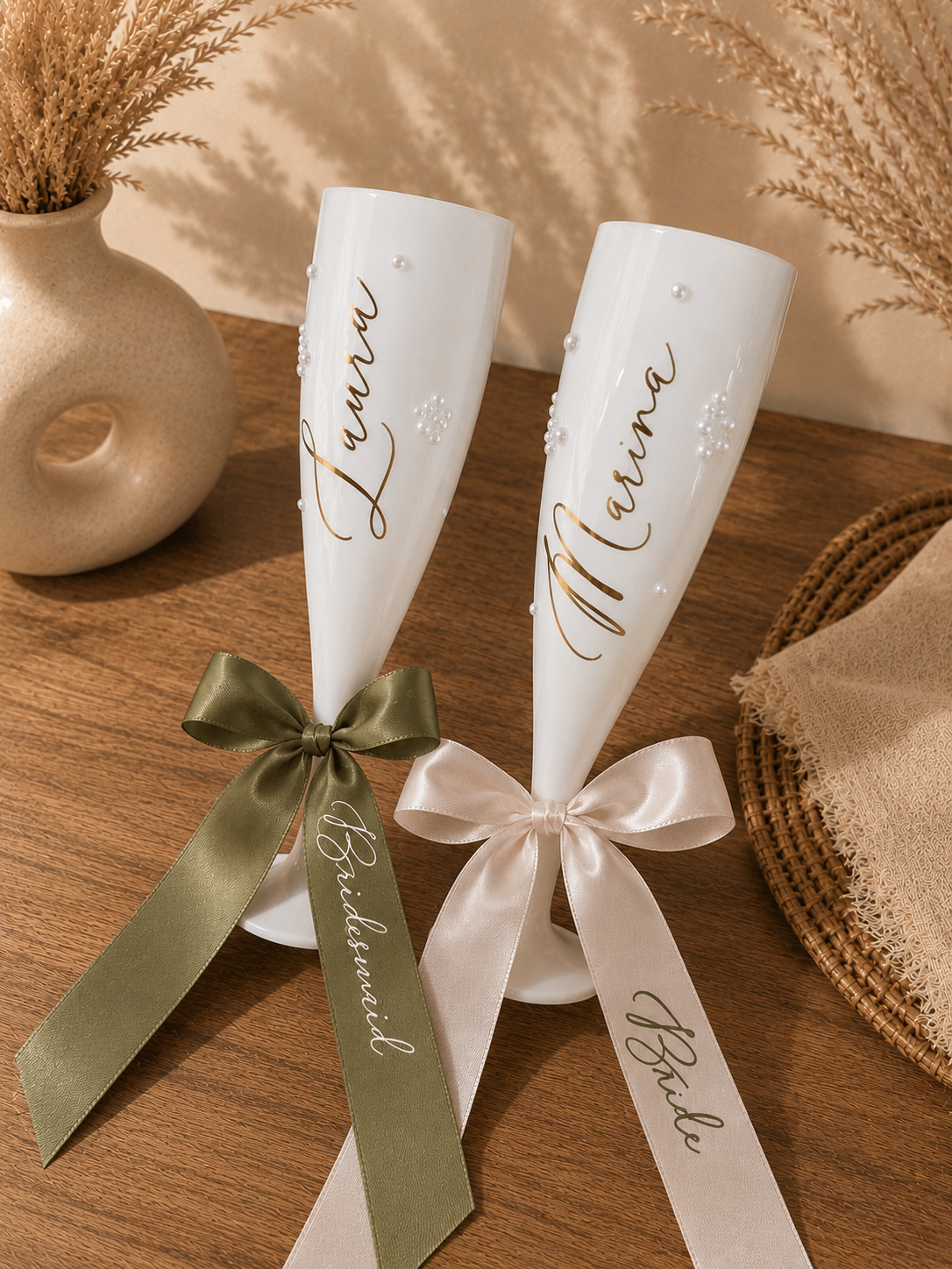 Bridesmaid Flute Glass - White plastic flute glass with personalised ribbons