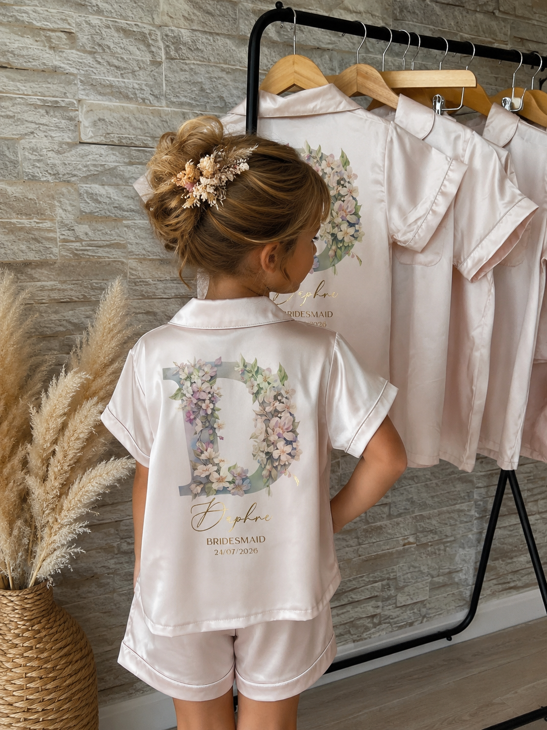 Personalised Satin Flower Girl Pjs - Pastel Initial Design - Child