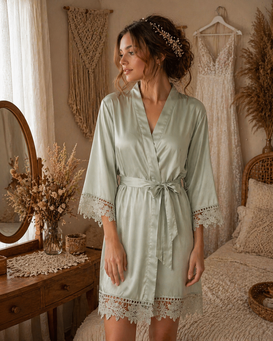 Personalised Satin Lace Trim Bridesmaid Robe - Pastel Initial Design