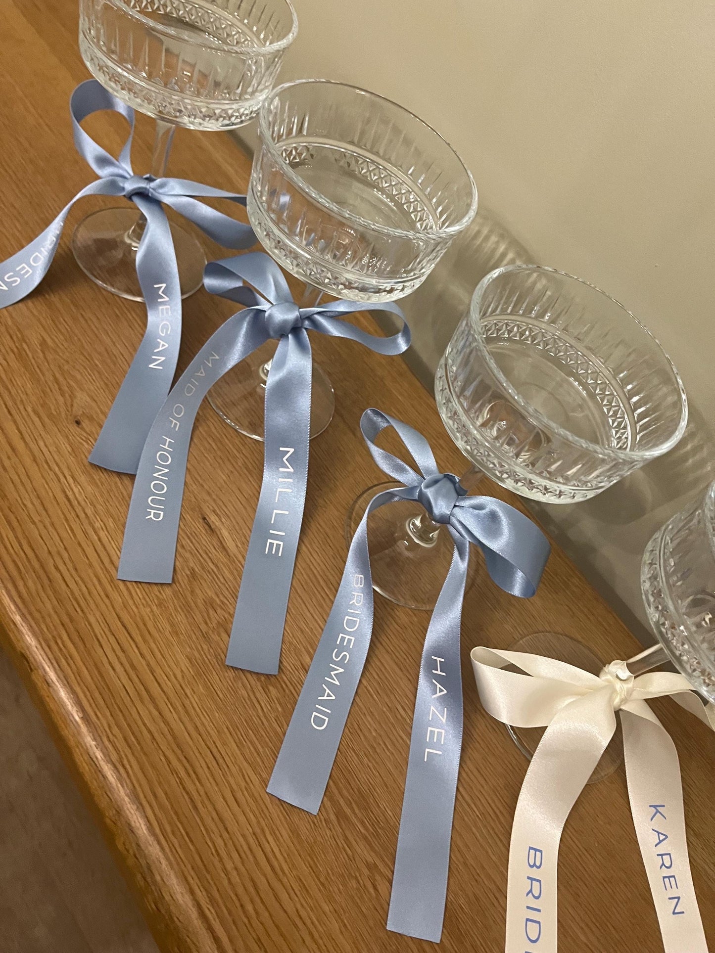 Personalised FRENCH Blue  Ribbon For Bridesmaid Champagne Coupe Glass