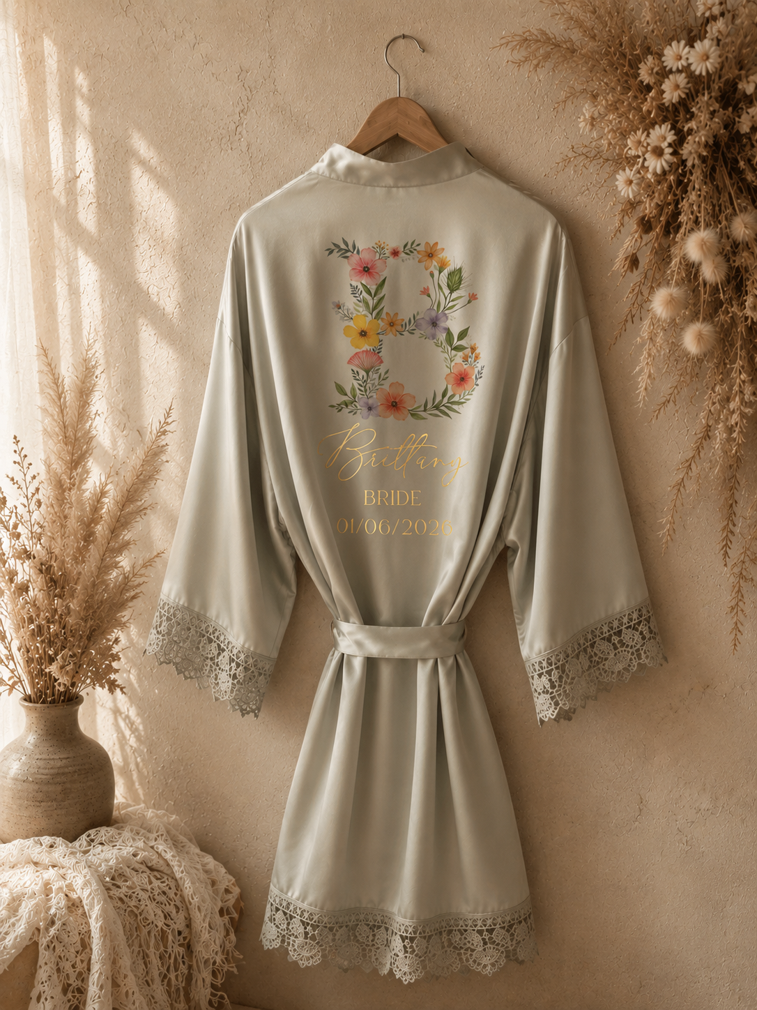Personalised Satin Lace Trim Bridesmaid Robe - Wildflowers Initial Design