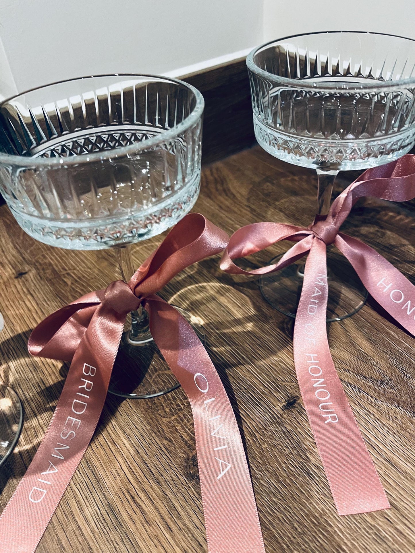 Personalised Bridesmaid Ribbons For Champagne Flutes - Custom PINK ribbons for Bridesmaid Champagne Glasses - Bridesmaid Gift