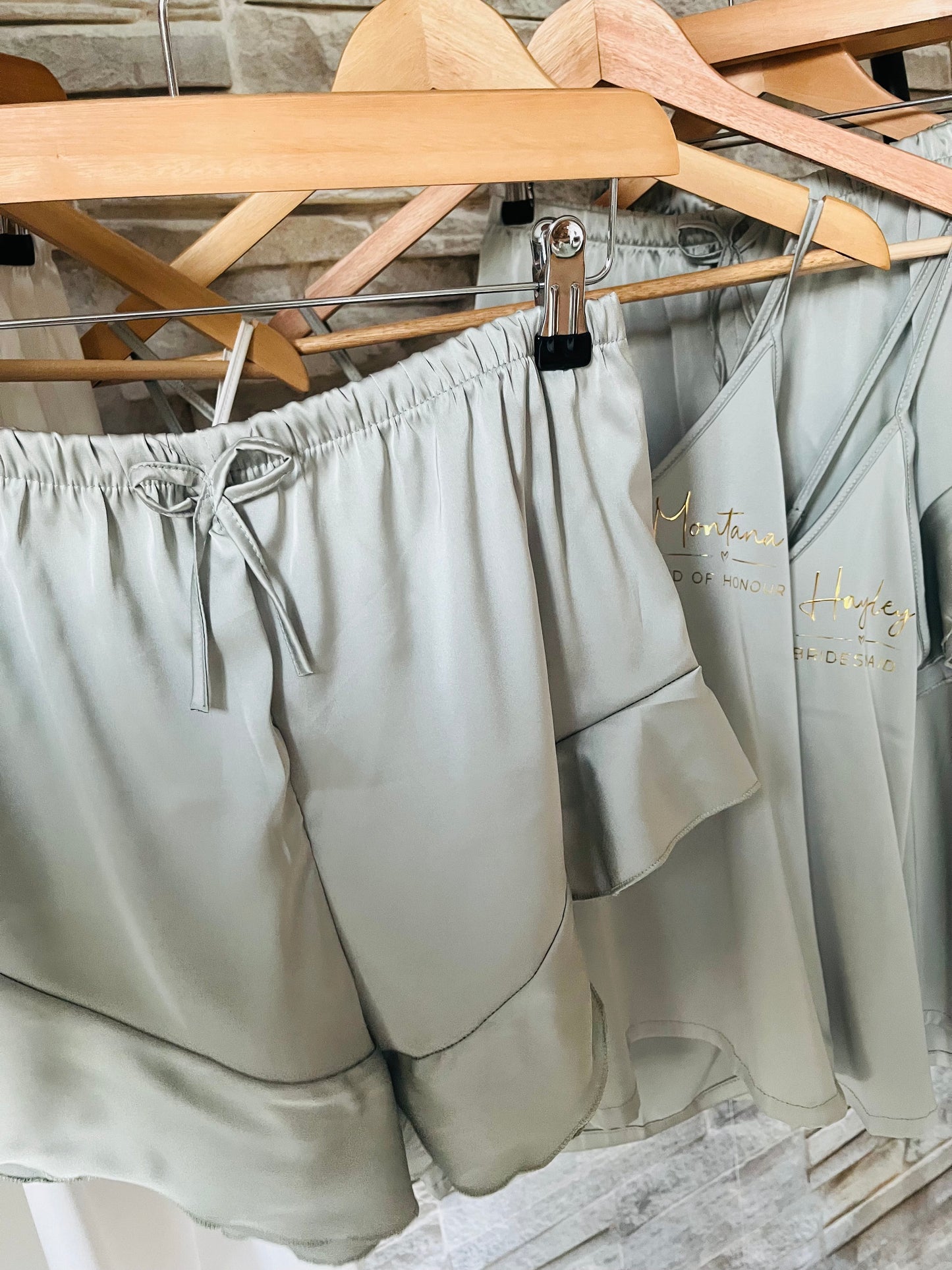 Personalised Satin Ruffle Cami Bridesmaid Pjs - Text Design - Adults