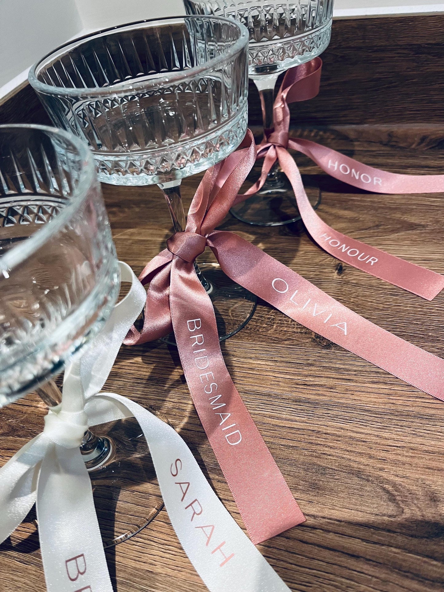 Personalised Bridesmaid Ribbons For Champagne Flutes - Custom PINK ribbons for Bridesmaid Champagne Glasses - Bridesmaid Gift