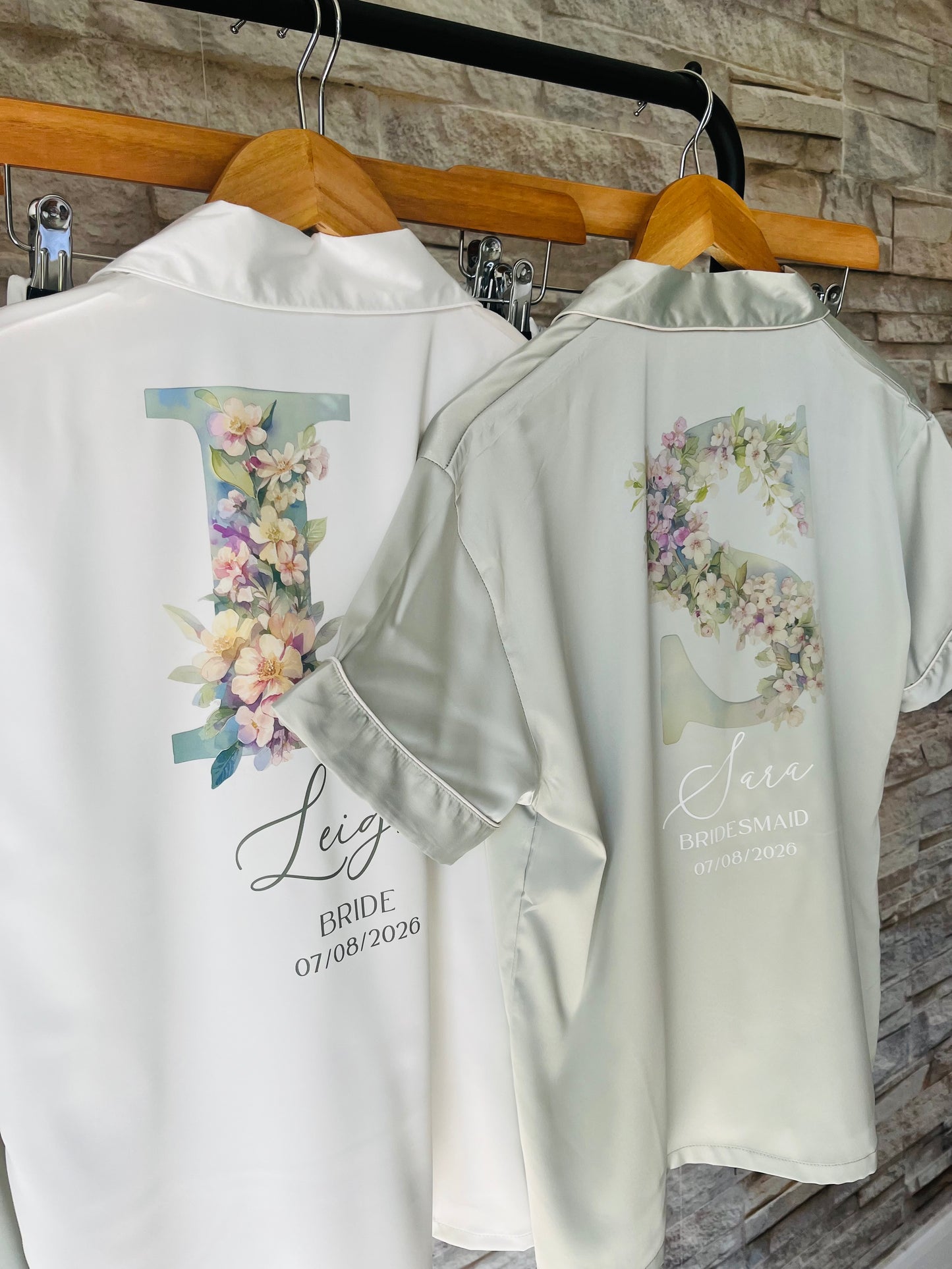 Personalised Satin Bridesmaid Pjs - Pastel Initial Design - Adults