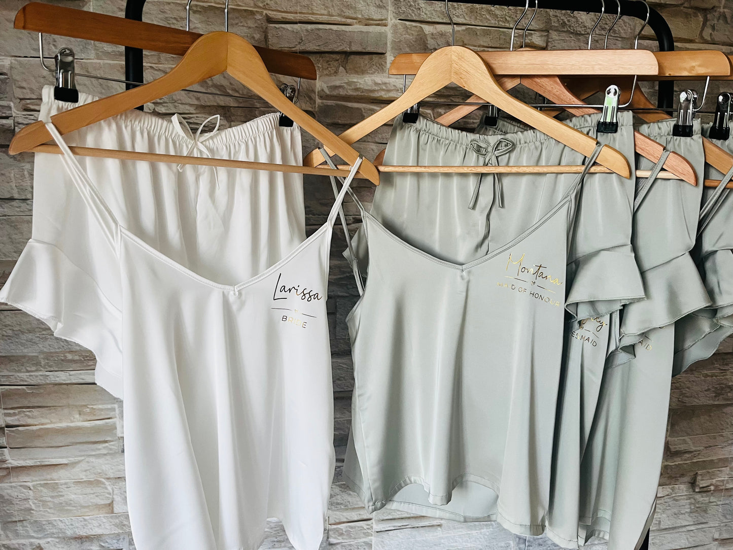 Personalised Satin Ruffle Cami Bridesmaid Pjs - Text Design - Adults
