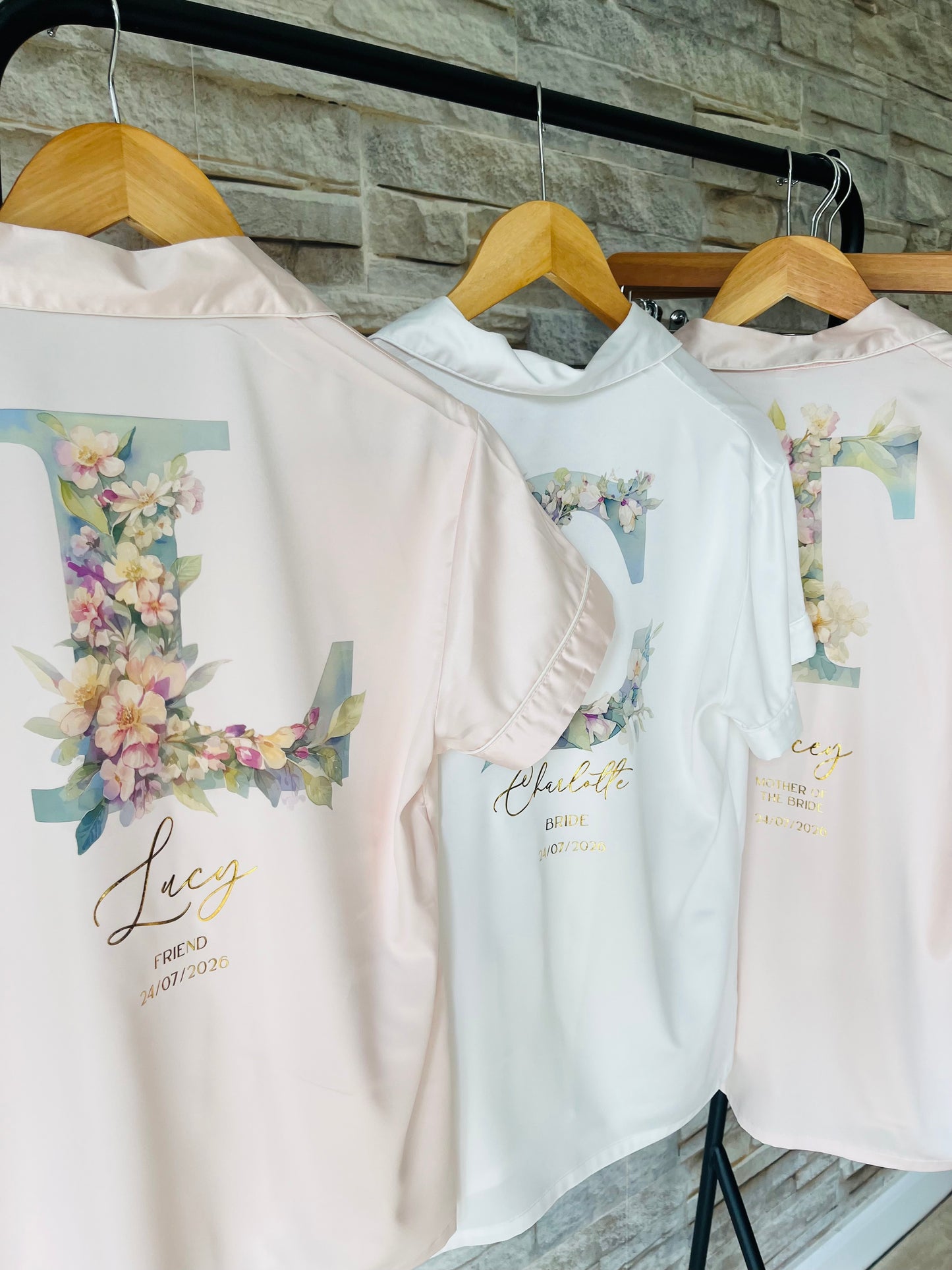 Personalised Satin Bridesmaid Pjs - Pastel Initial Design - Adults