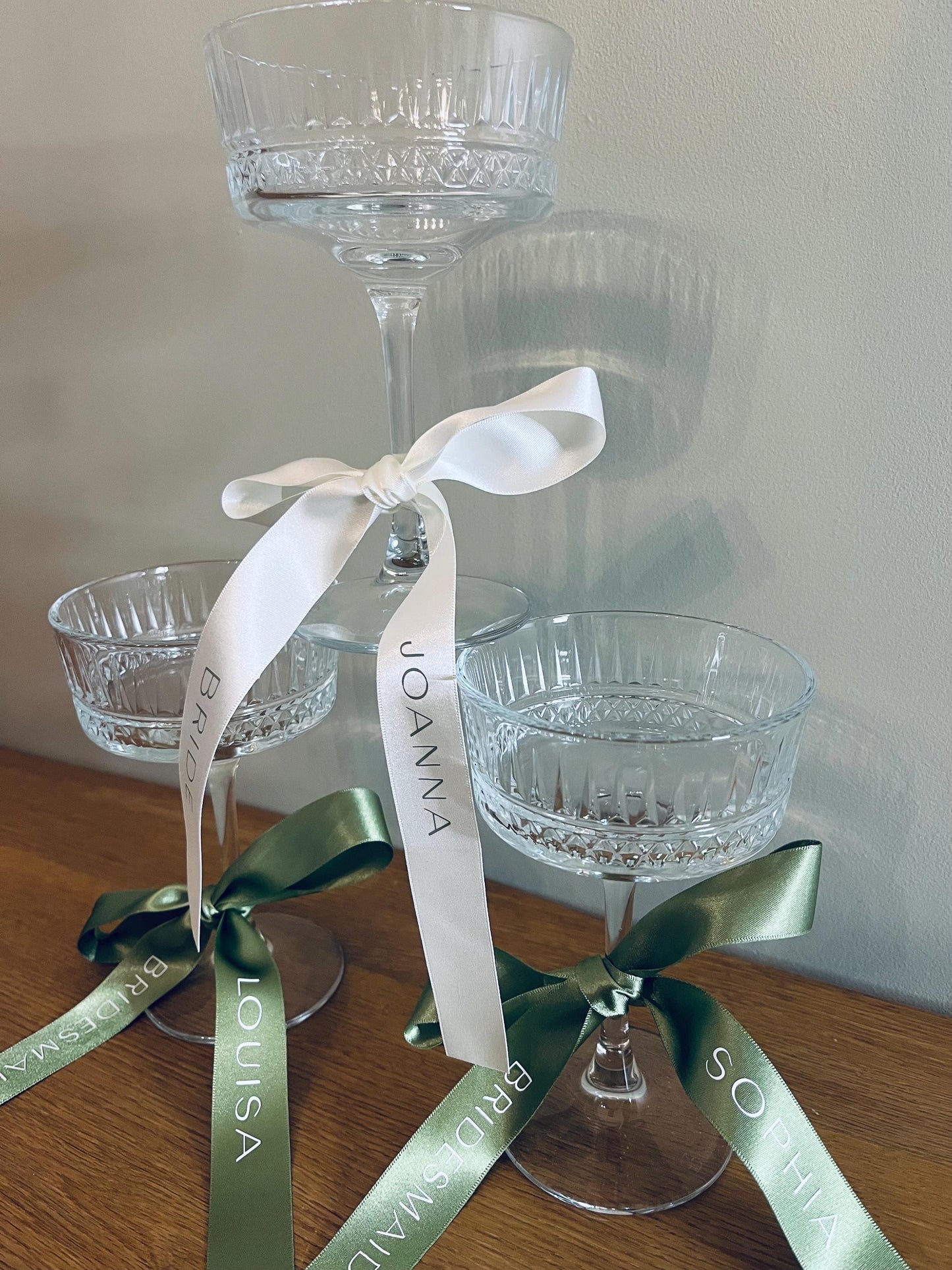 Sage Bridesmaid Personalised Ribbon for Champagne coupe Glass