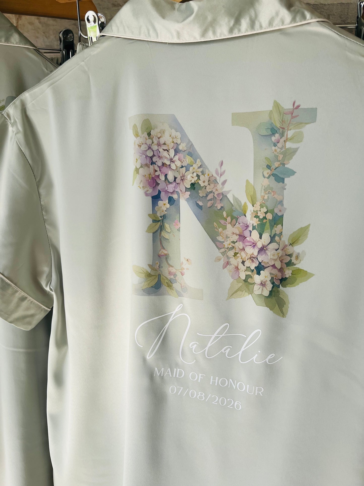 Personalised Satin Bridesmaid Pjs - Pastel Initial Design - Adults