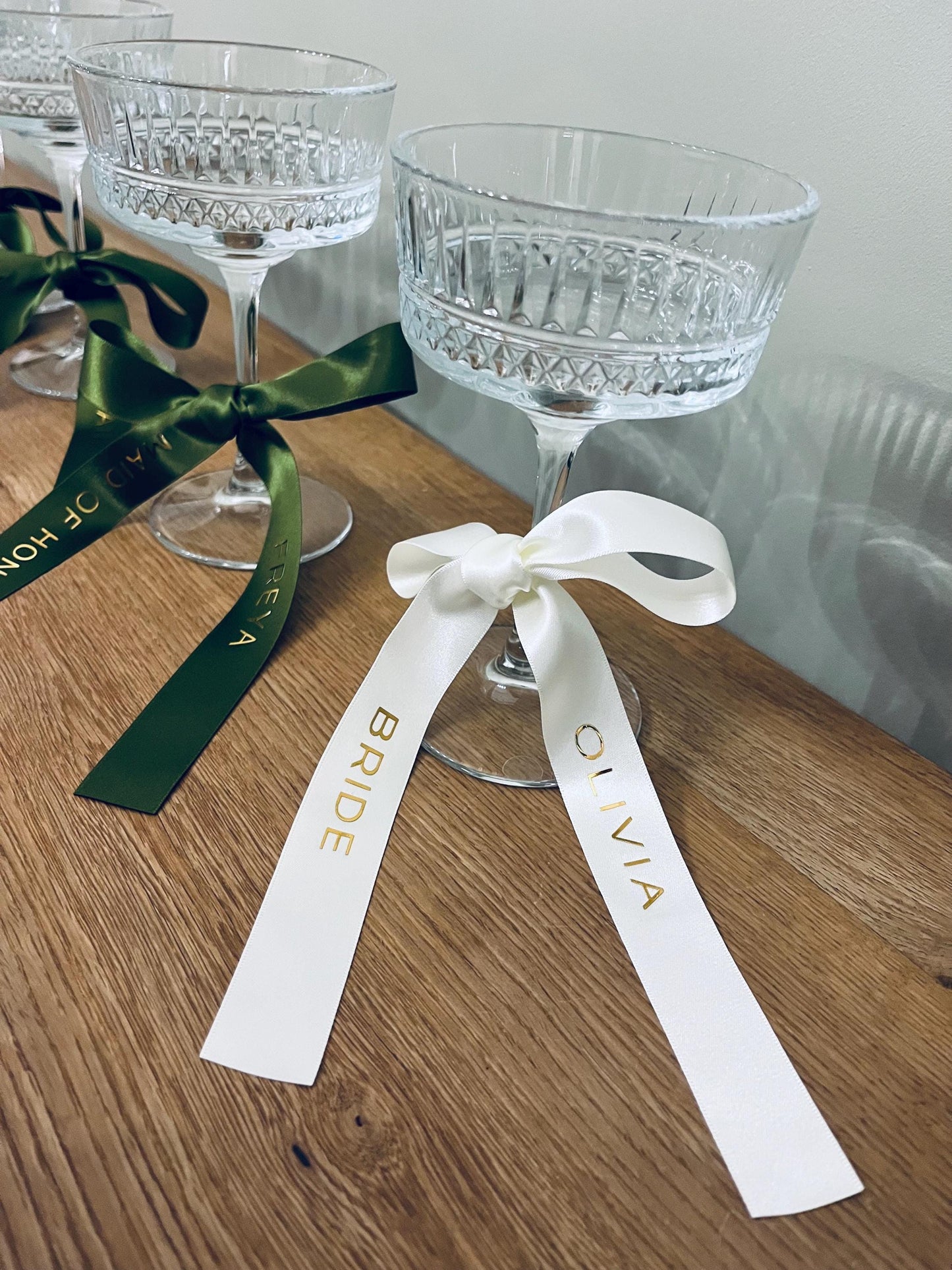 Olive Personalised Ribbons for Champagne Coupe