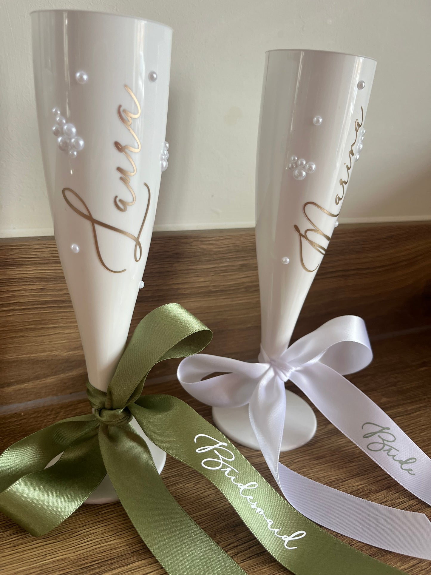 Bridesmaid Flute Glass - White plastic flute glass with personalised ribbons