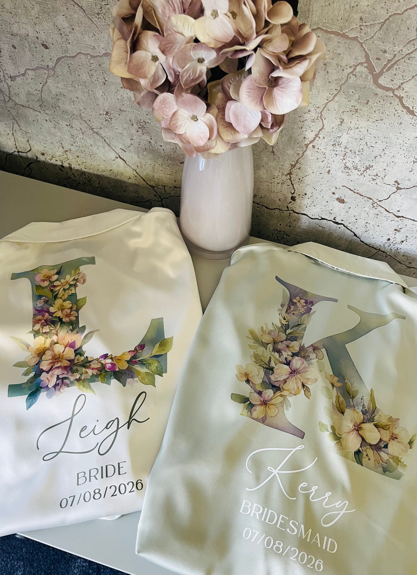 Personalised Satin Bridesmaid Pjs - Pastel Initial Design - Adults