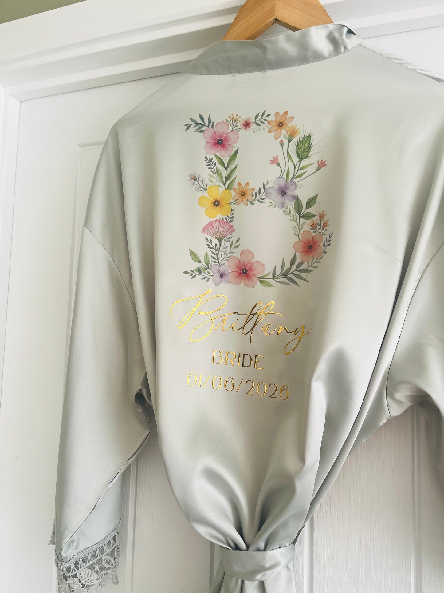 Personalised Satin Lace Trim Bridesmaid Robe - Wildflowers Initial Design