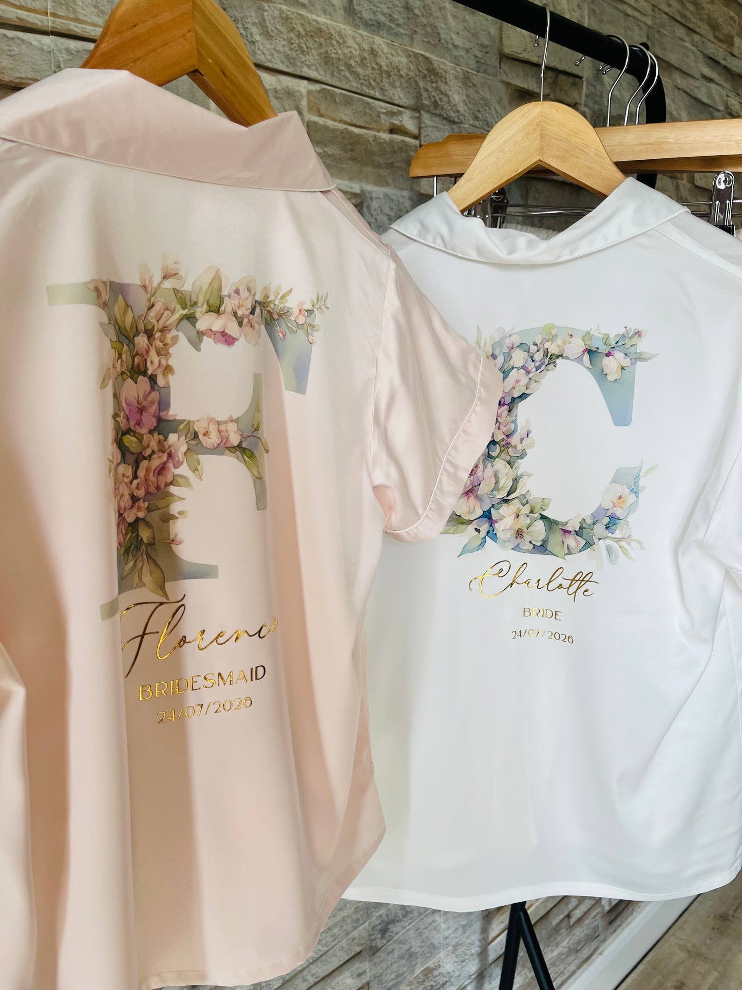 Personalised Satin Bridesmaid Pjs - Pastel Initial Design - Adults