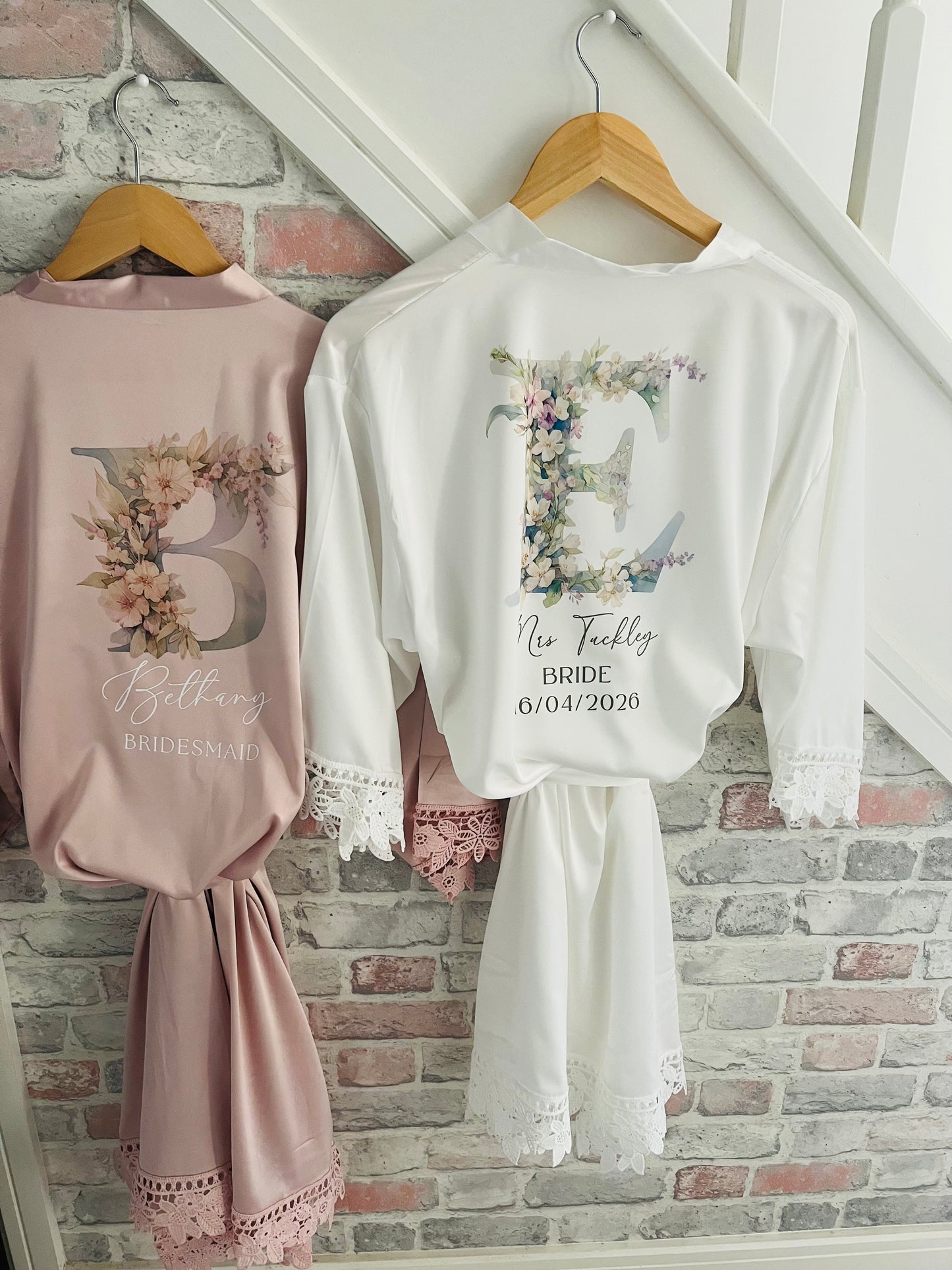 Personalised Satin Lace Trim Bridesmaid Robe - Pastel Initial Design