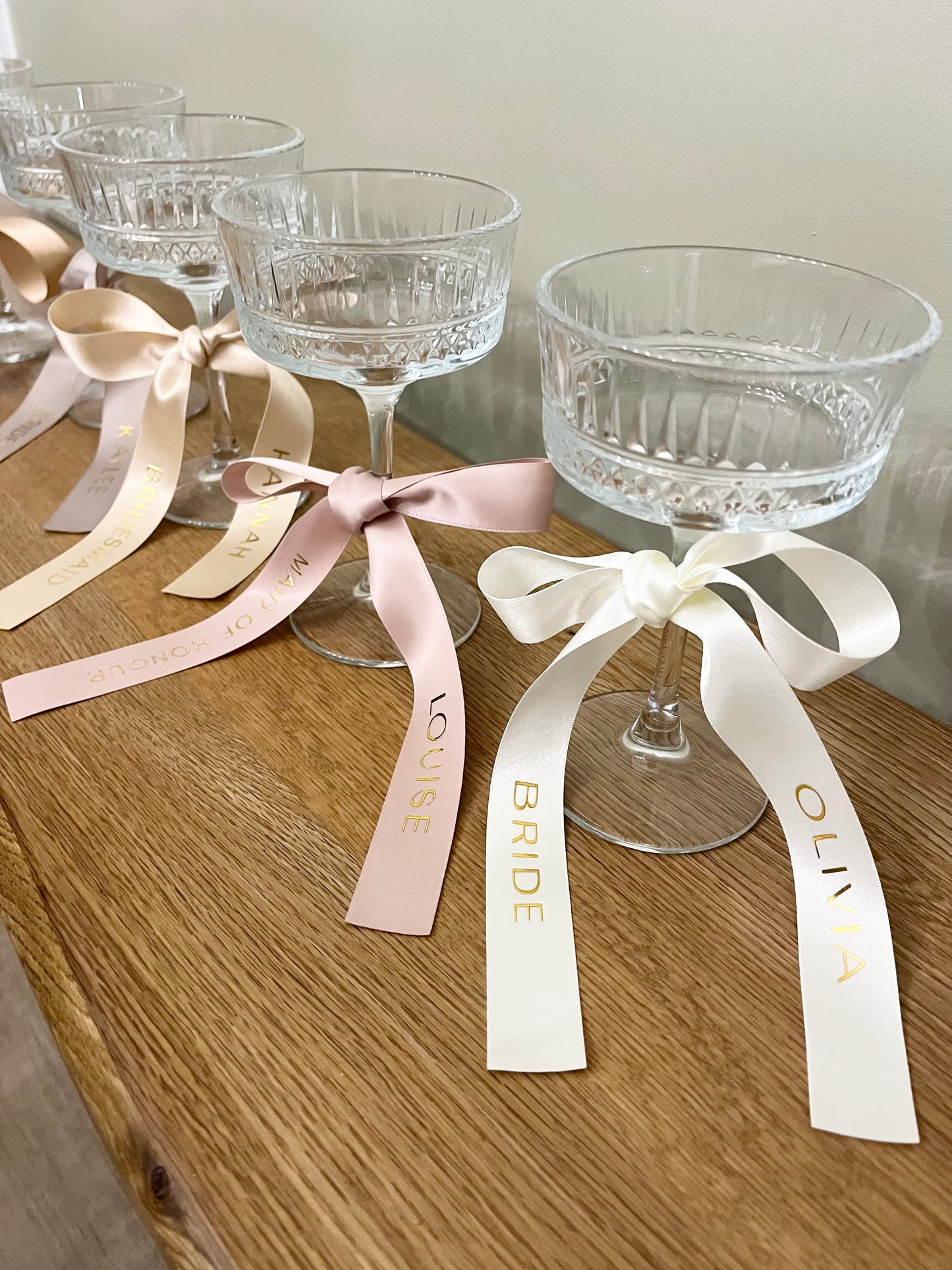 Nude Pink Bridesmaid Personalised Ribbons for Champagne Coupe