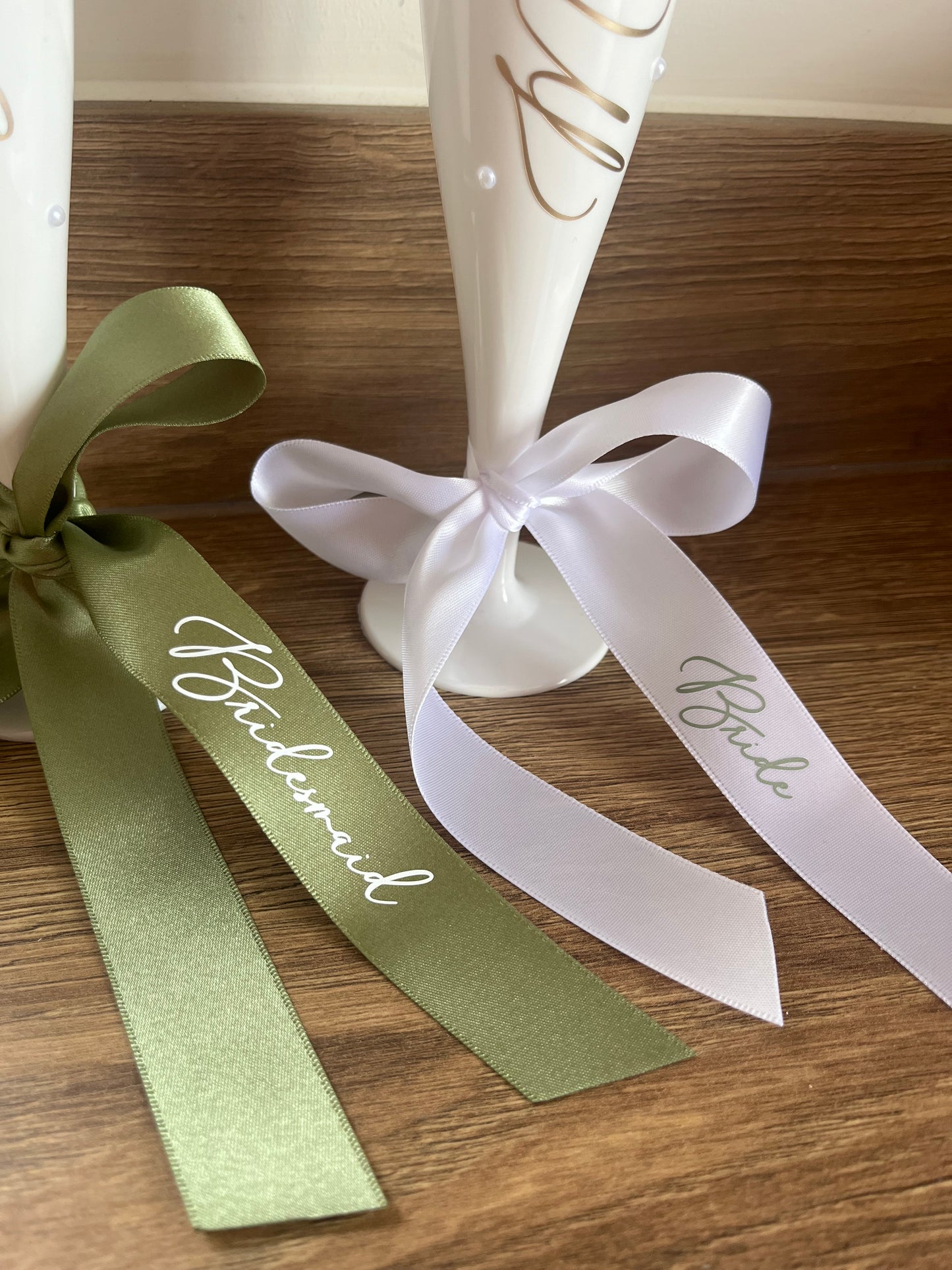 Bridesmaid Flute Glass - White plastic flute glass with personalised ribbons