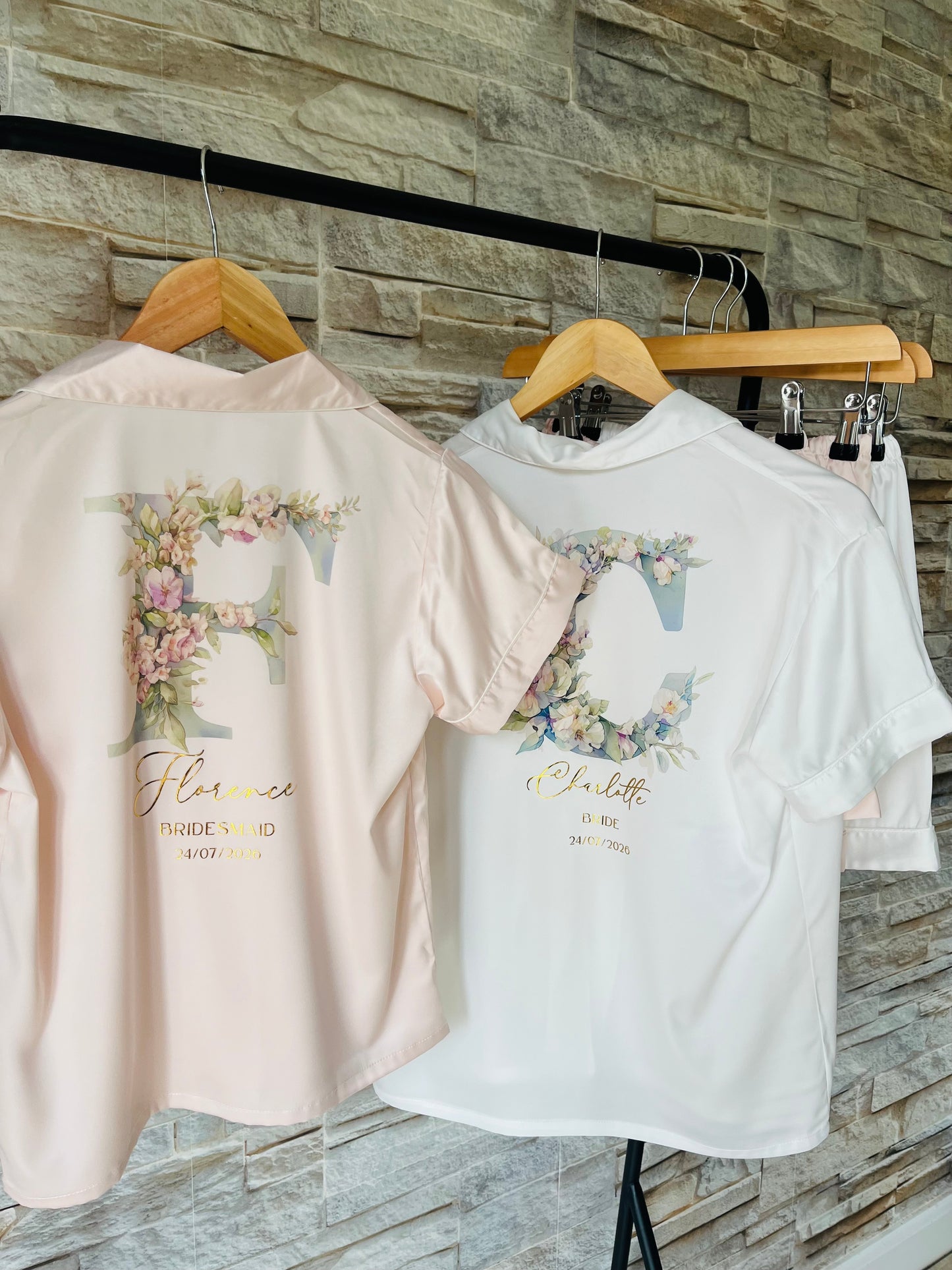 Personalised Satin Bridesmaid Pjs - Pastel Initial Design - Adults