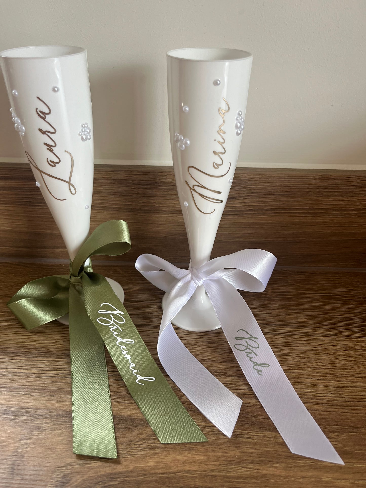 Bridesmaid Flute Glass - White plastic flute glass with personalised ribbons