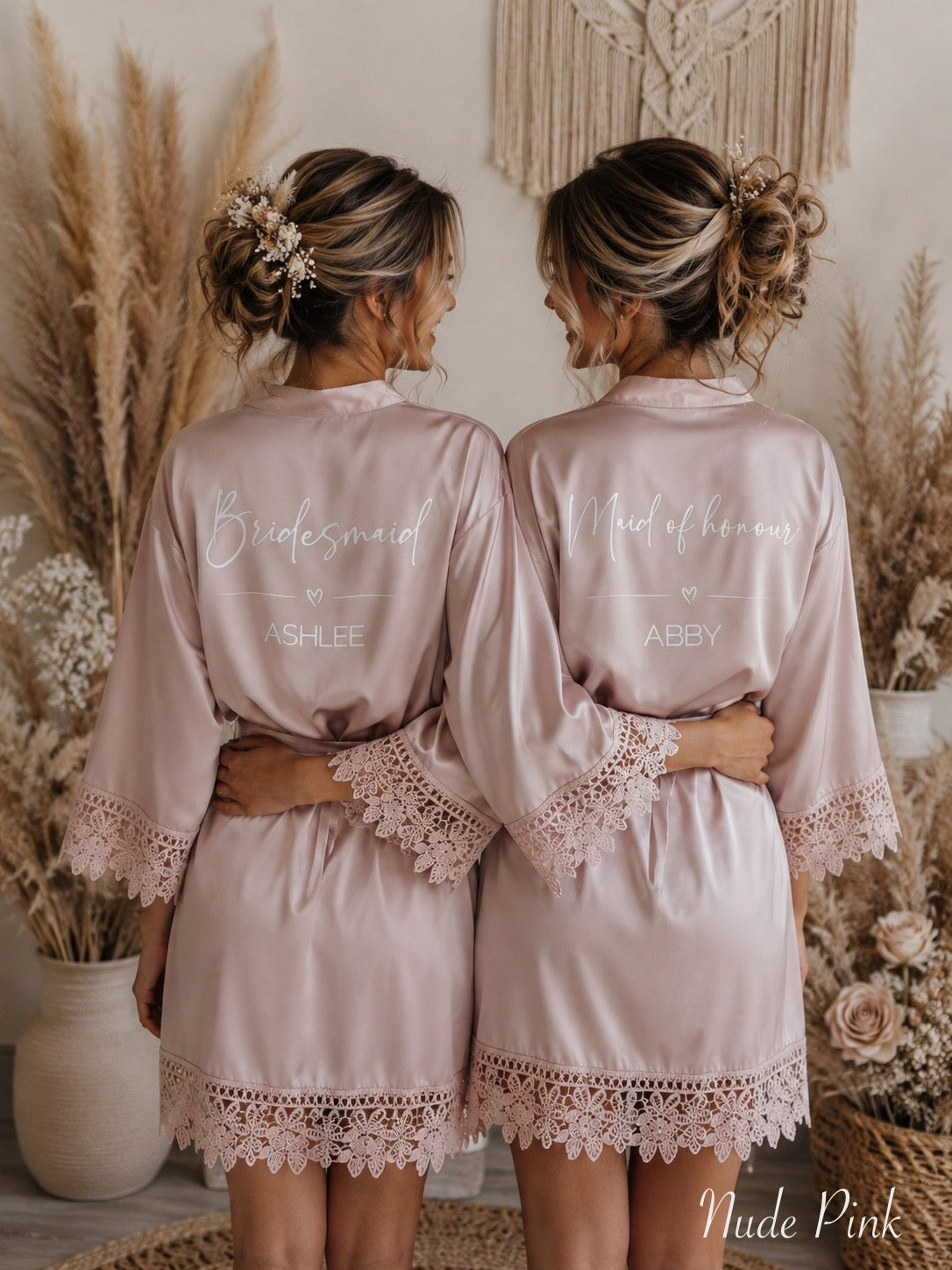 Lace Trim Bridesmaid Satin Robe - Text Design