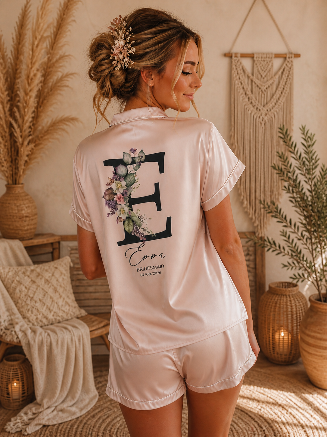 Personalised Satin Bridesmaid Pjs - Black Floral Initial Design - Adults