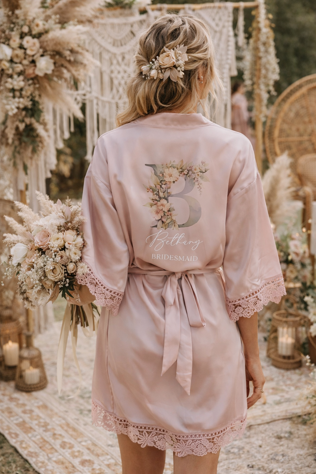 Personalised Satin Lace Trim Bridesmaid Robe - Pastel Initial Design
