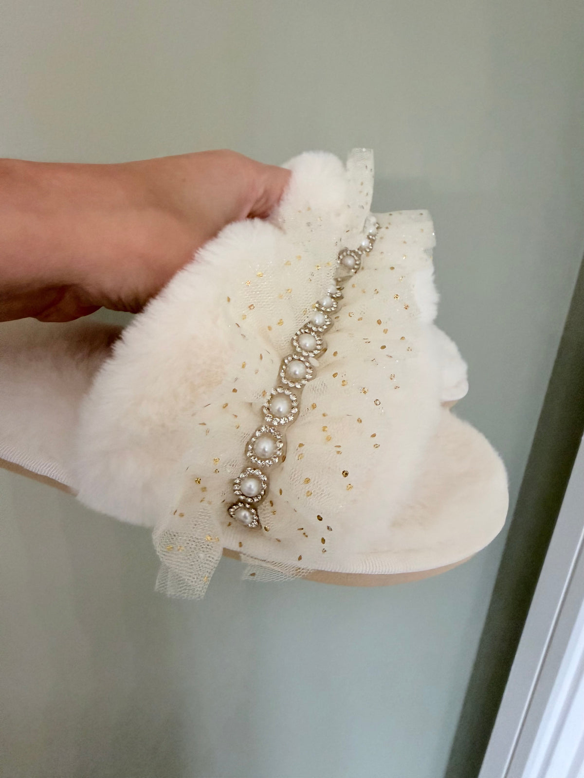 Pearl Embellished Tulle Bride Slippers