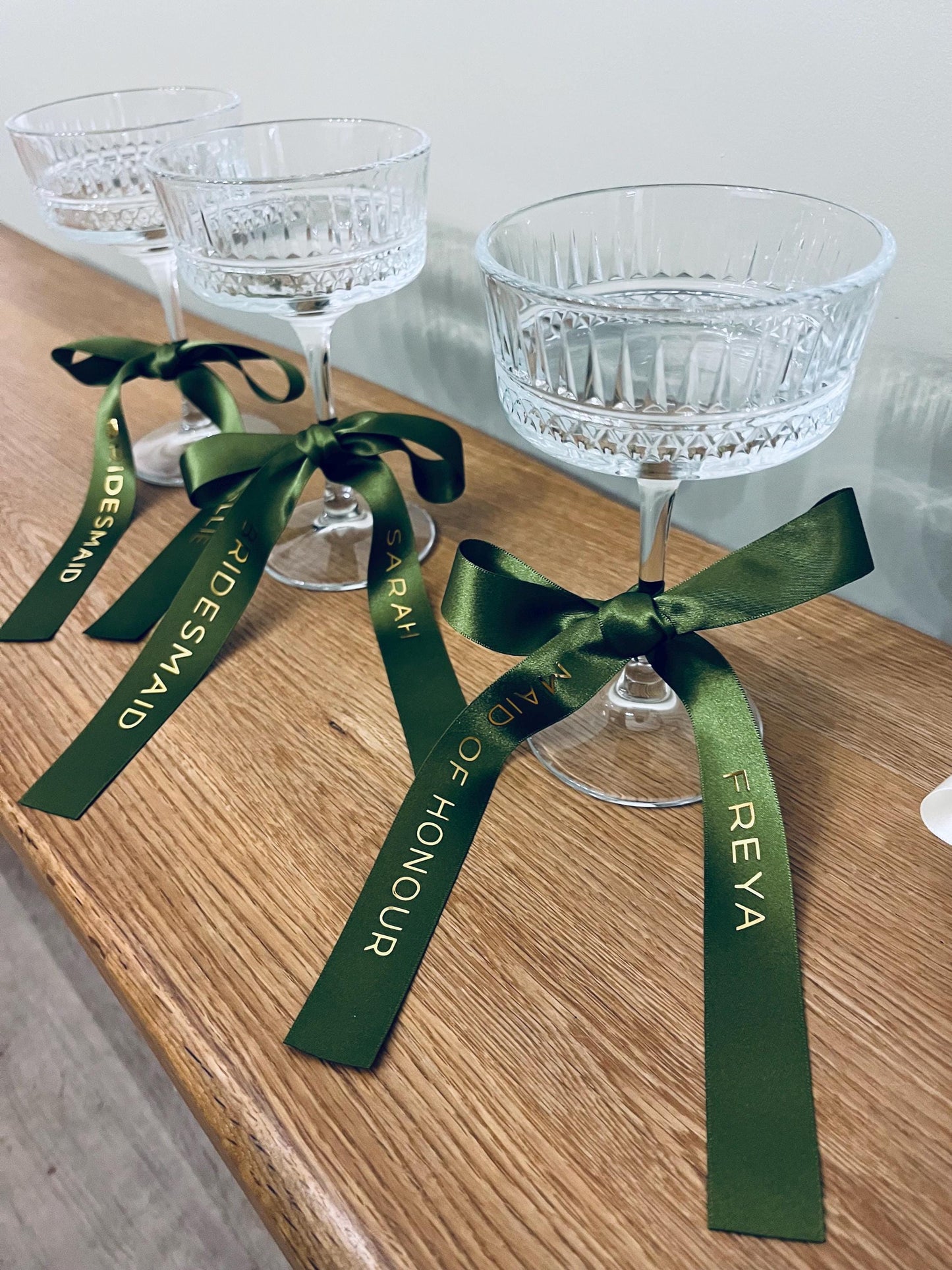 Olive Personalised Ribbons for Champagne Coupe