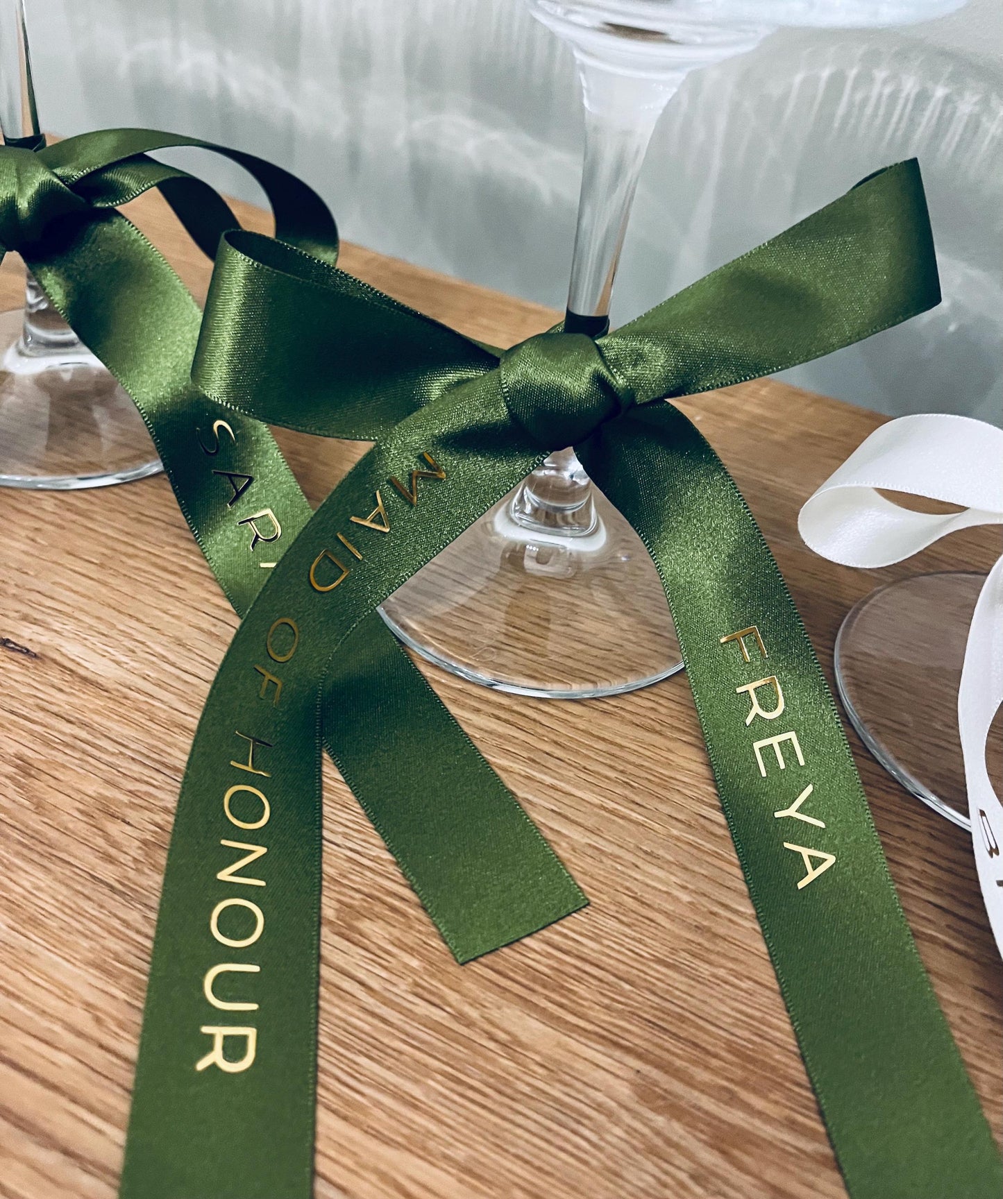 Olive Personalised Ribbons for Champagne Coupe