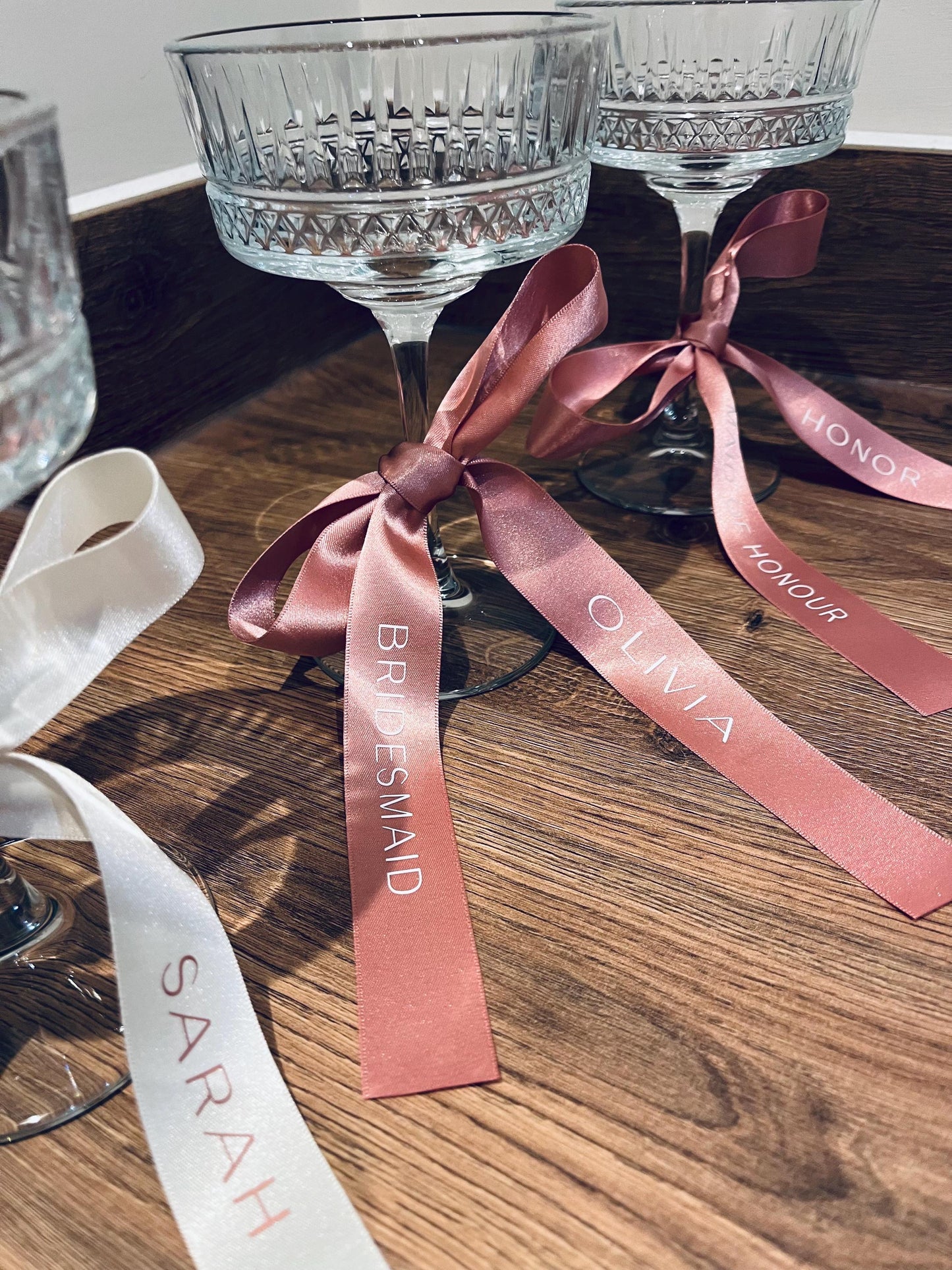 Personalised Bridesmaid Ribbons For Champagne Flutes - Custom PINK ribbons for Bridesmaid Champagne Glasses - Bridesmaid Gift