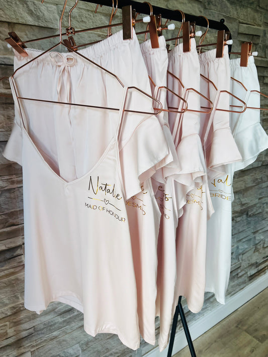 Personalised Satin Ruffle Cami Bridesmaid Pjs - Text Design - Adults