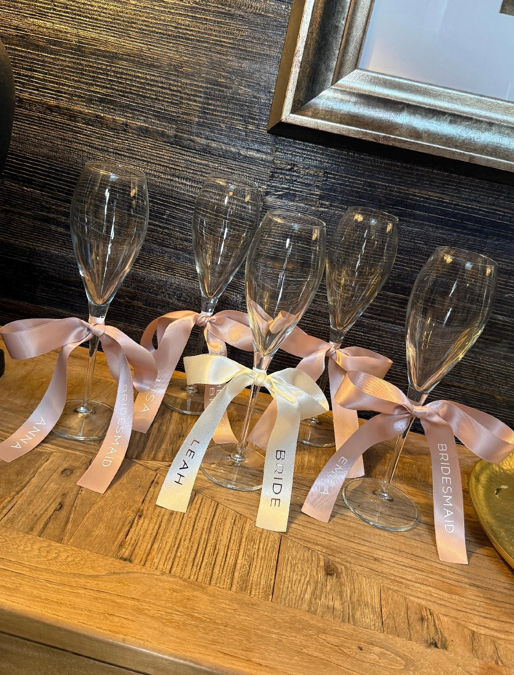 Nude Pink Bridesmaid Personalised Ribbons for Champagne Coupe