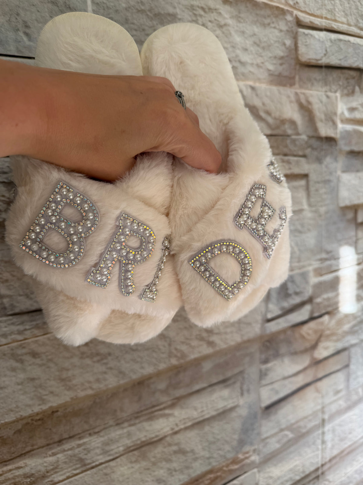 Bride Cross Over Pearl Slippers - Bridesmaid Soft Fluffy Slippers