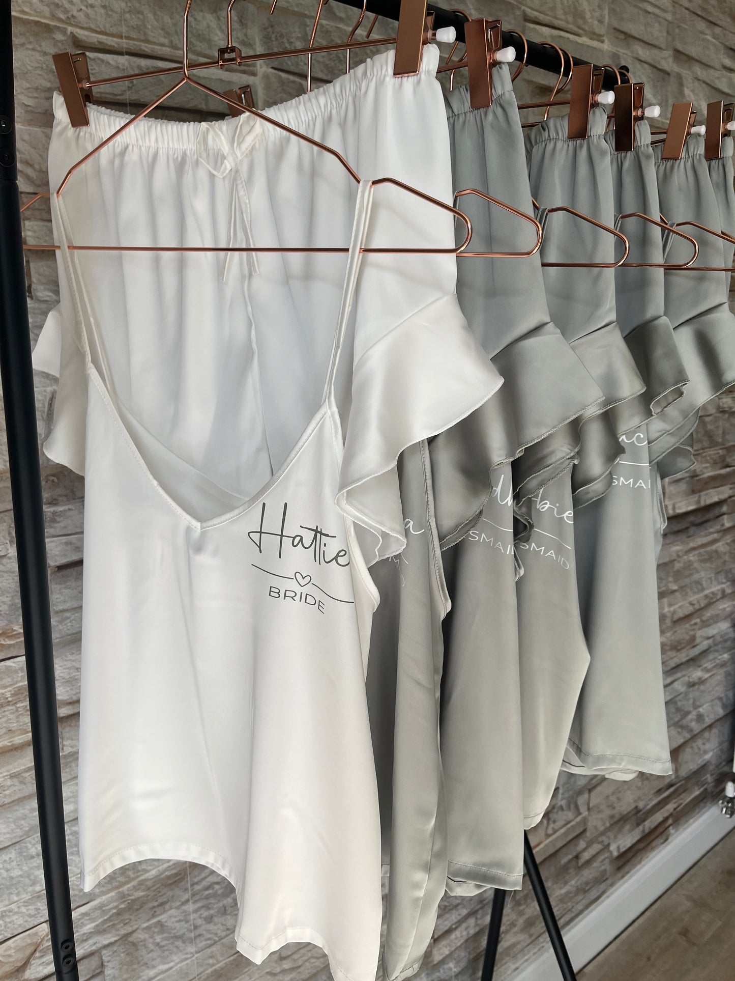 Personalised Satin Ruffle Cami Bridesmaid Pjs - Text Design - Adults
