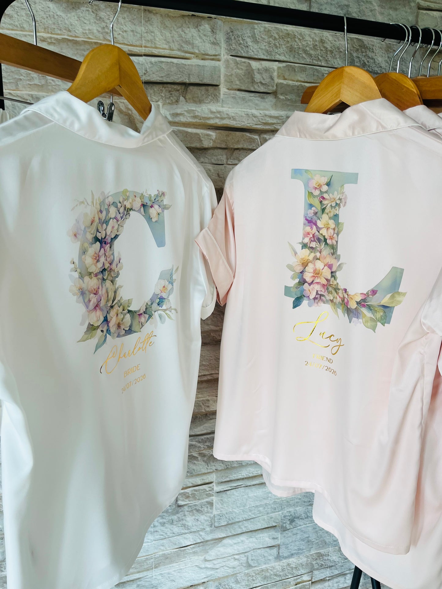 Personalised Satin Bridesmaid Pjs - Pastel Initial Design - Adults