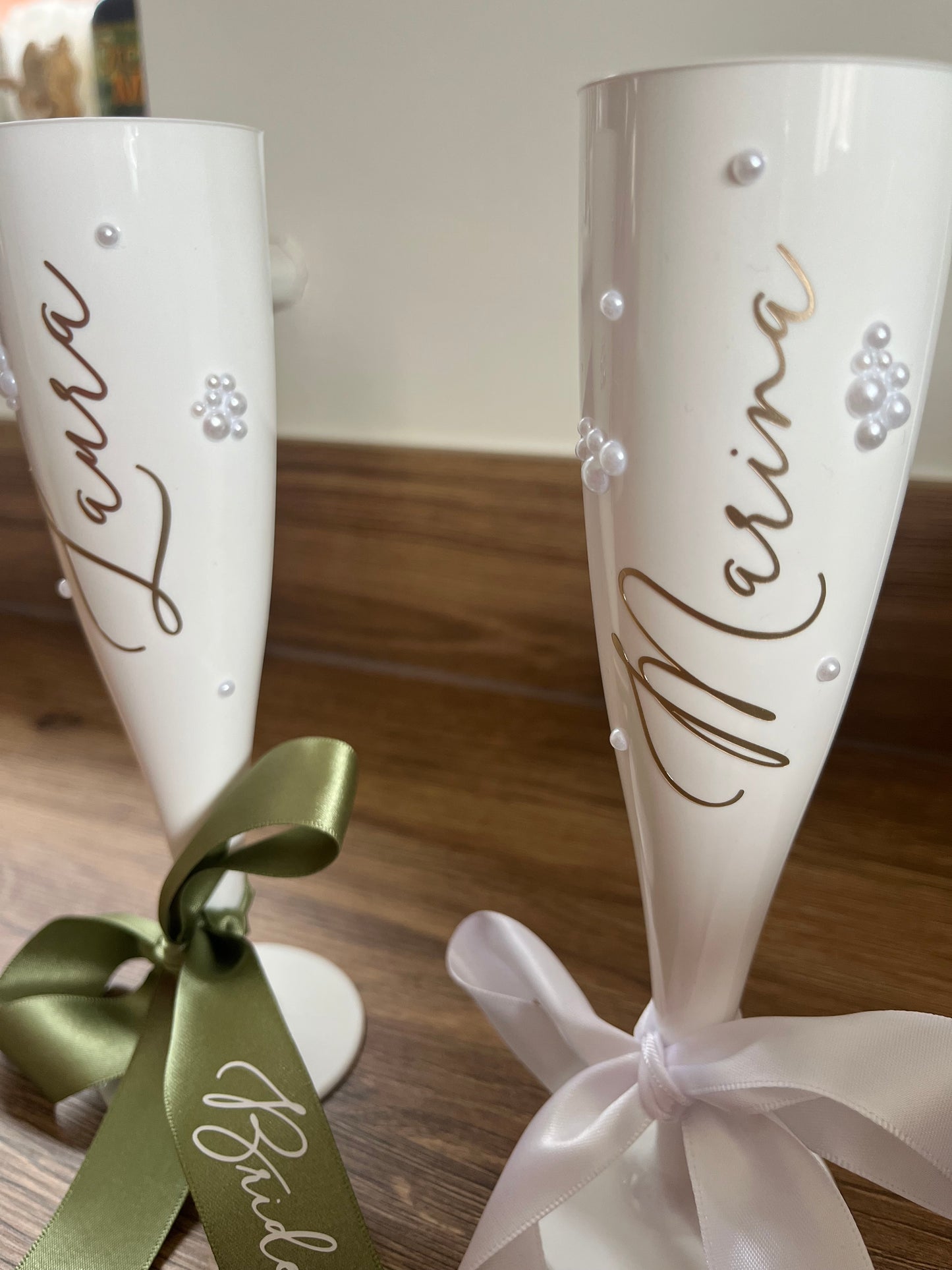 Bridesmaid Flute Glass - White plastic flute glass with personalised ribbons
