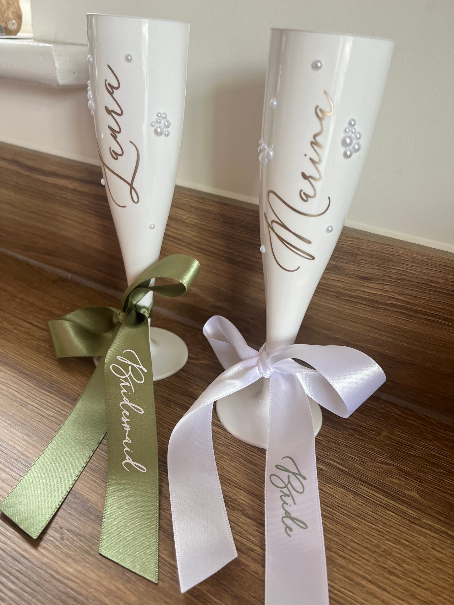 Bridesmaid Flute Glass - White plastic flute glass with personalised ribbons